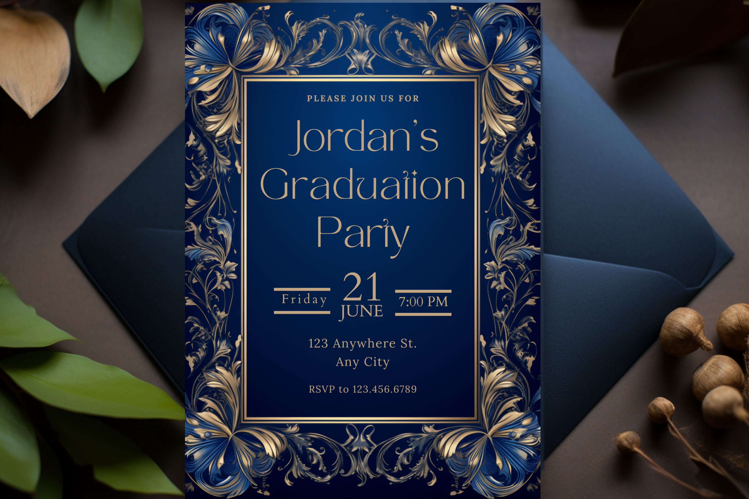 Invitation à une fête de remise des diplômes bleue et dorée | Modèle Canva | Invitation à imprimer à la maison | Design #118