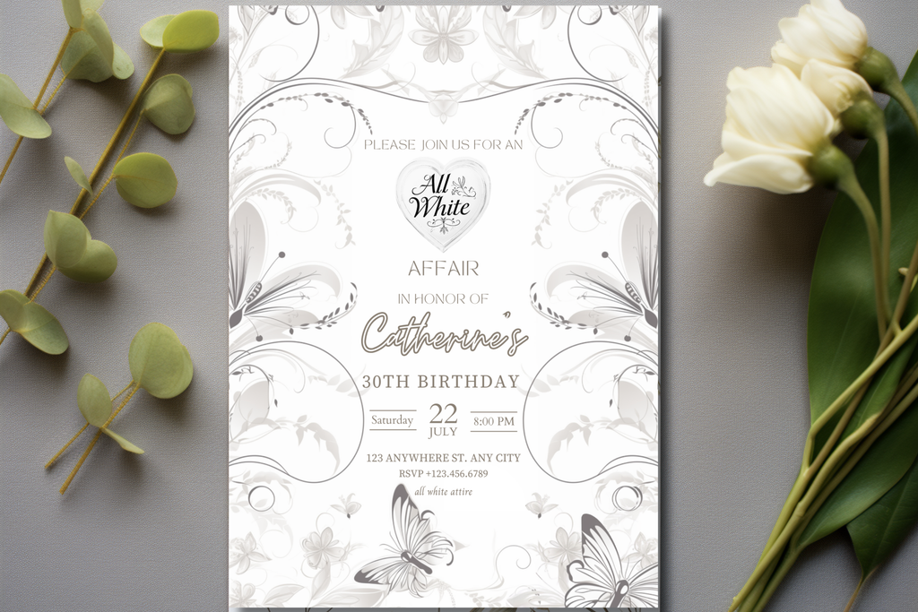 Invitation Fête Tout en Blanc | Invitation Anniversaire Fleurs Crèmes et Blanches | Modèle Canva | Invitation à Imprimer à la Maison | Modèle n°151