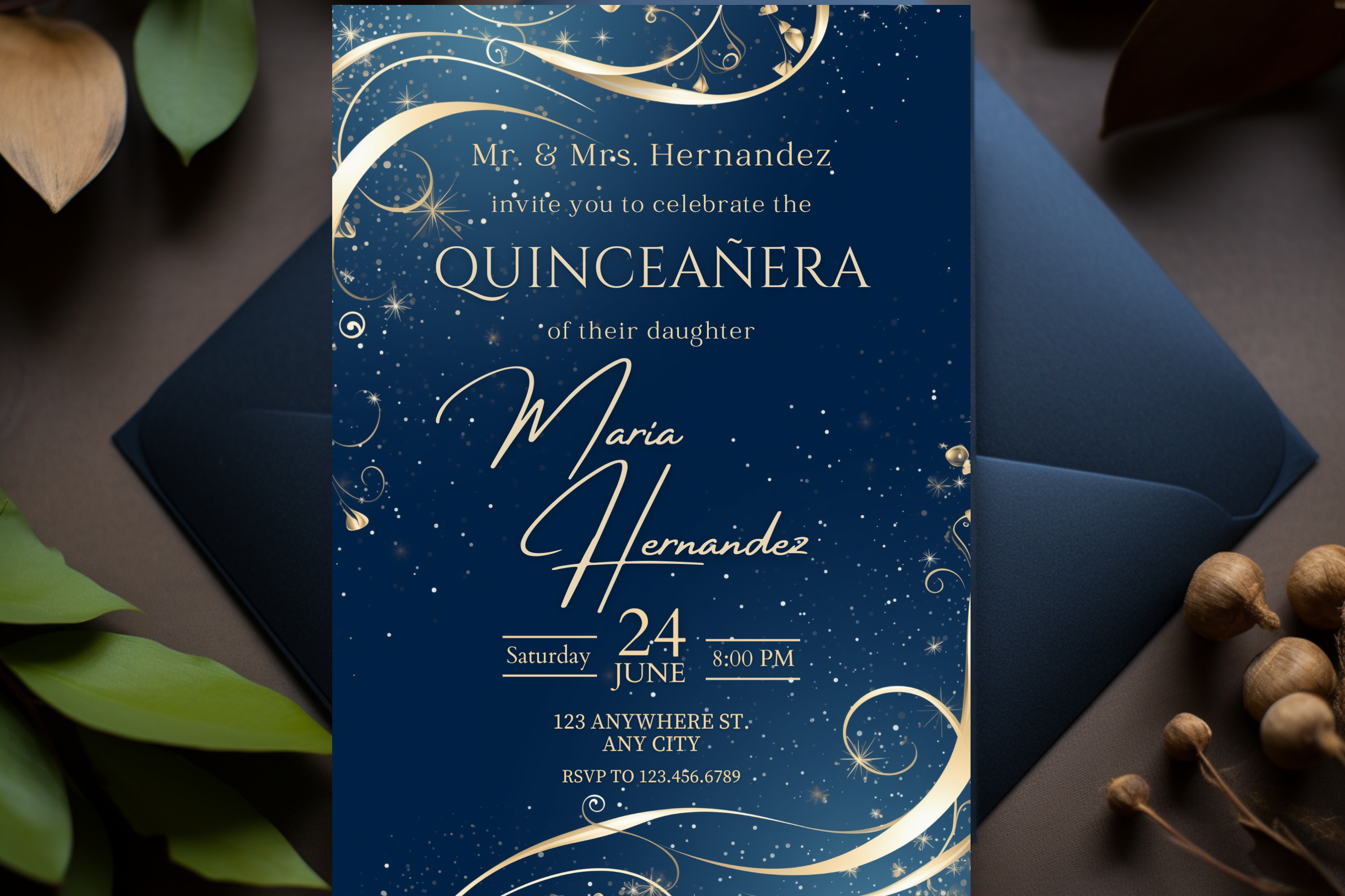 Invitation de fête de Quinceañera tourbillon bleu et or | Modèle Canva | Invitation à imprimer à la maison | Design #164