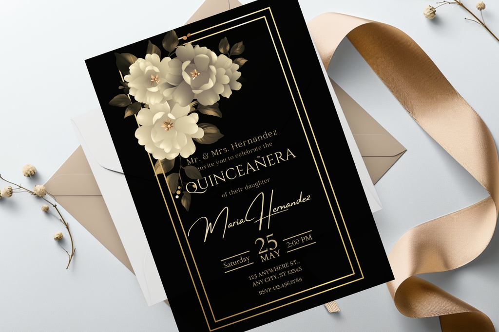 Black and White Flower Quinceañera Party Invitation | Canva Template | Print at Home Invitation | Design #177