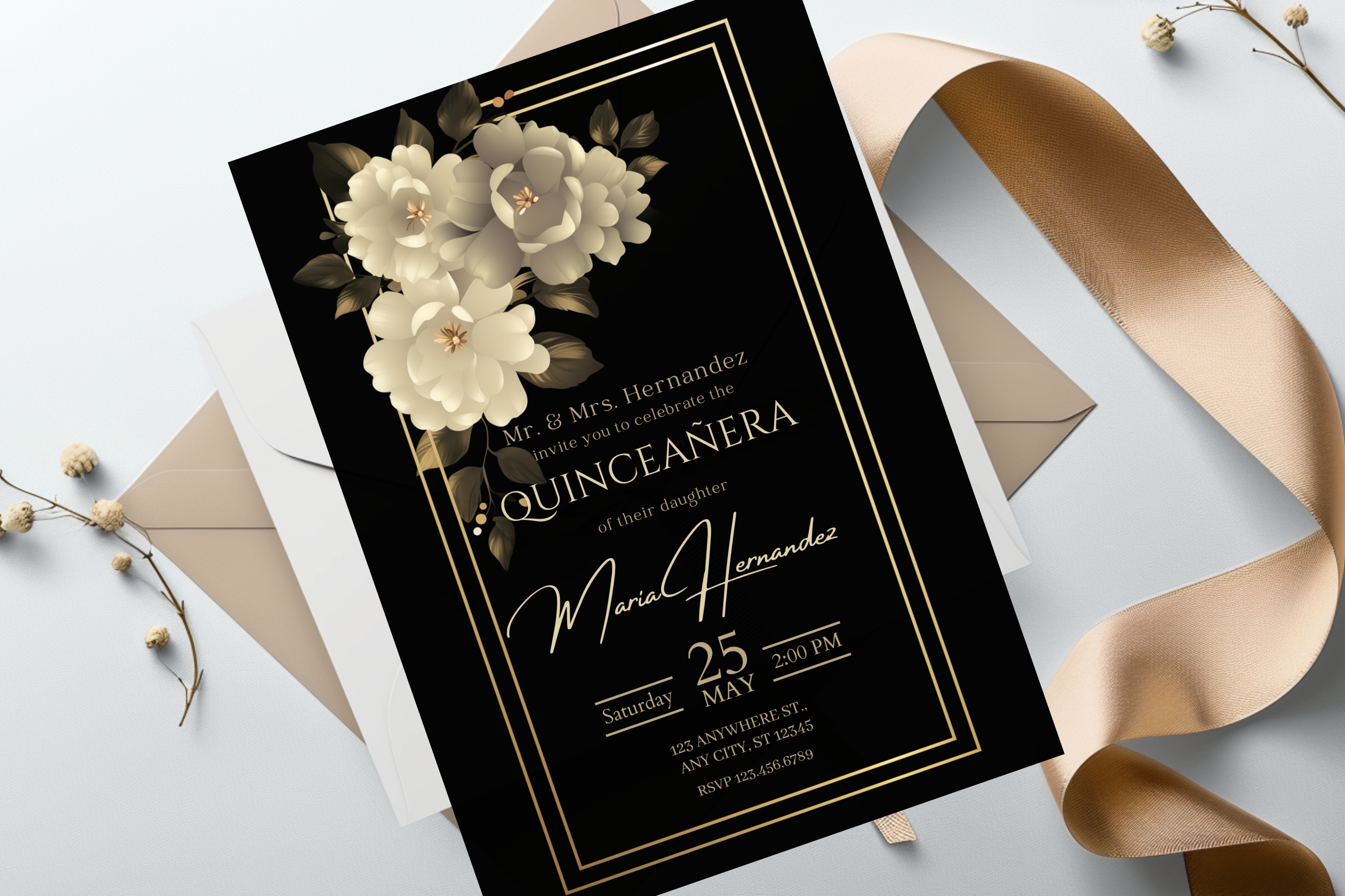 Invitation à une Quinceañera en noir et blanc Motif floral | Modèle Canva | Invitation à imprimer soi-même | Design #177