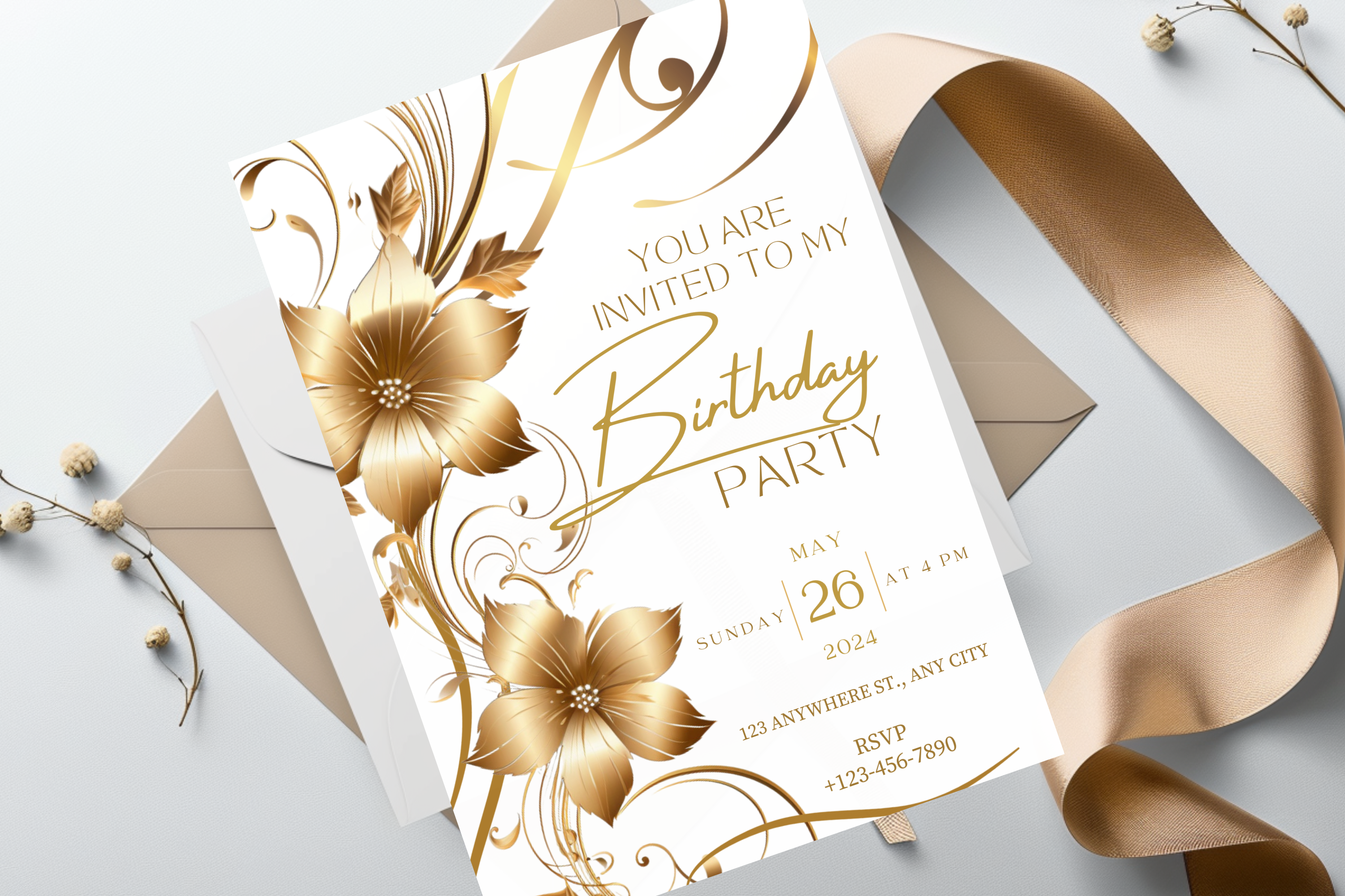 White and Gold Flower Birthday Party Invitation | Canva Template | Print at Home Invitation | Design #181