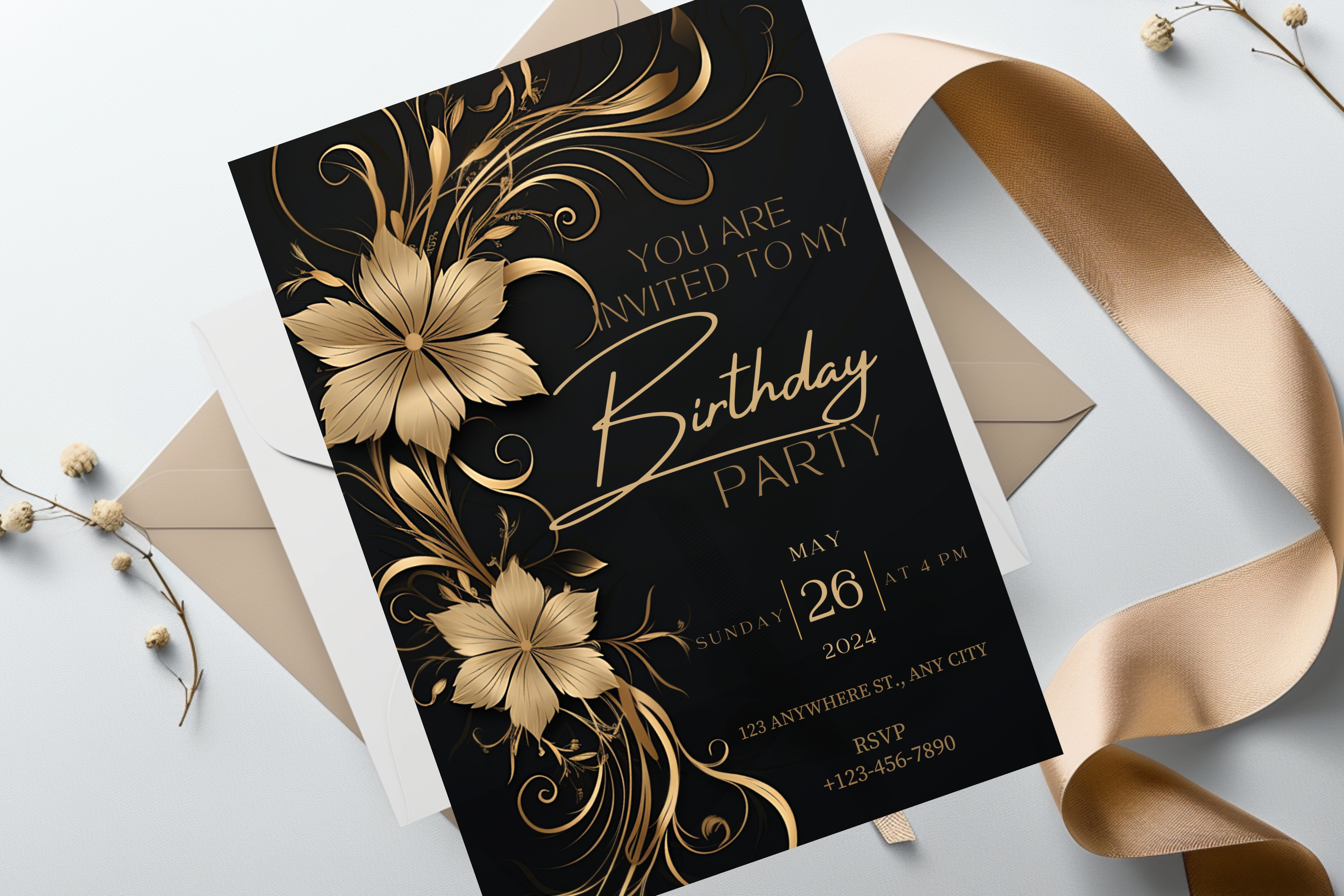 Black and Gold Flower Birthday Party Invitation | Canva Template | Print at Home Invitation | Design #182