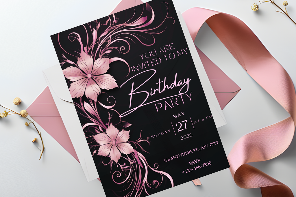 Black and Pink Flower Birthday Party Invitation | Canva Template | Print at Home Invitation | Design #185