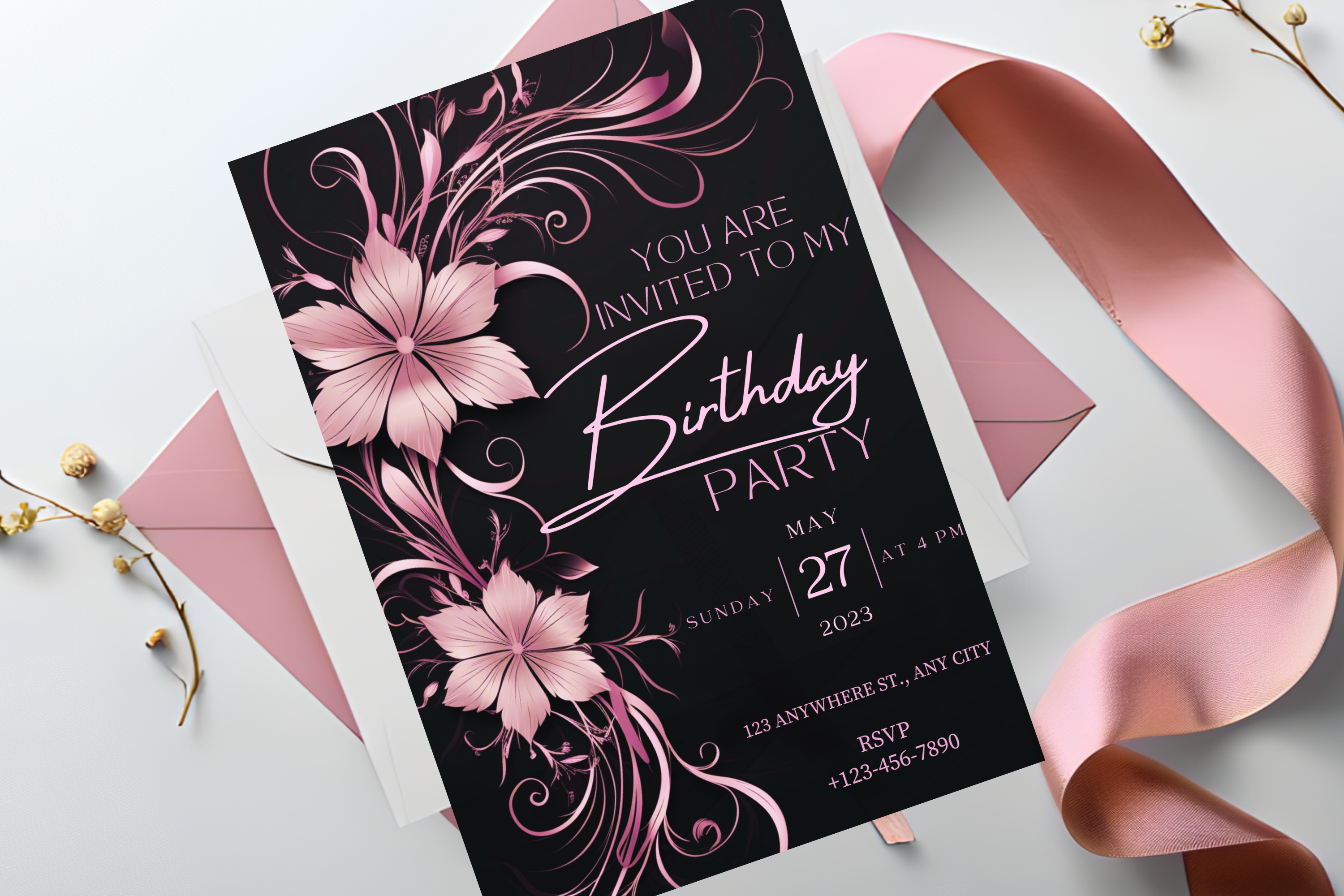 Invitation d'anniversaire à fleurs noires et roses | Modèle Canva | Invitation à imprimer soi-même | Design #185