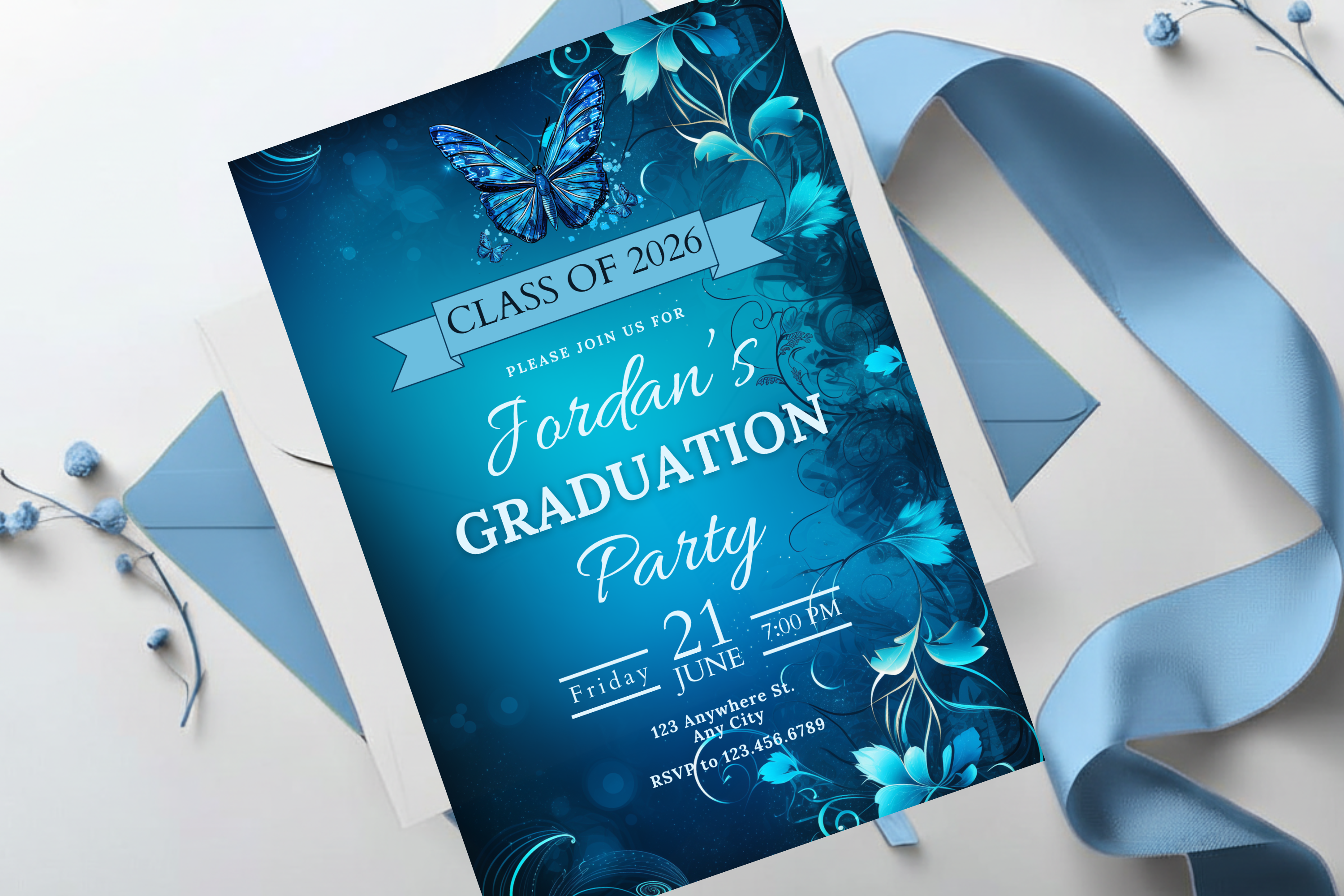 Invitation à la fête de remise des diplômes papillon bleu | Modèle Canva | Invitation à imprimer chez soi | Design #127
