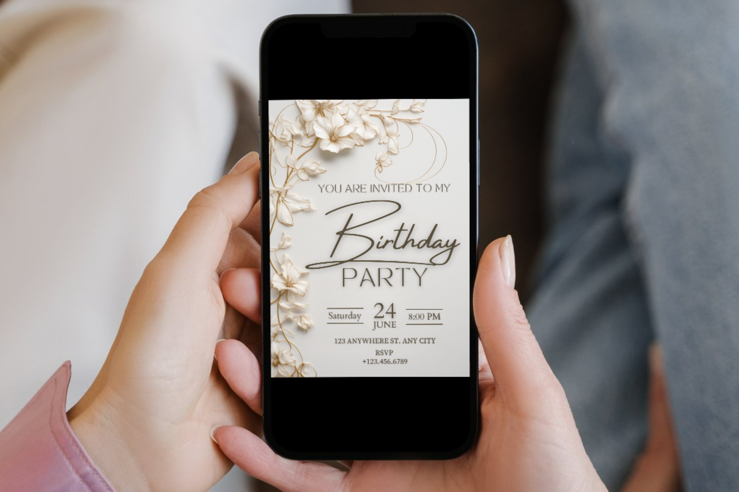 Cream & White Flower Birthday Party Invitation | Canva Template | Print at Home Invitation | Design #189