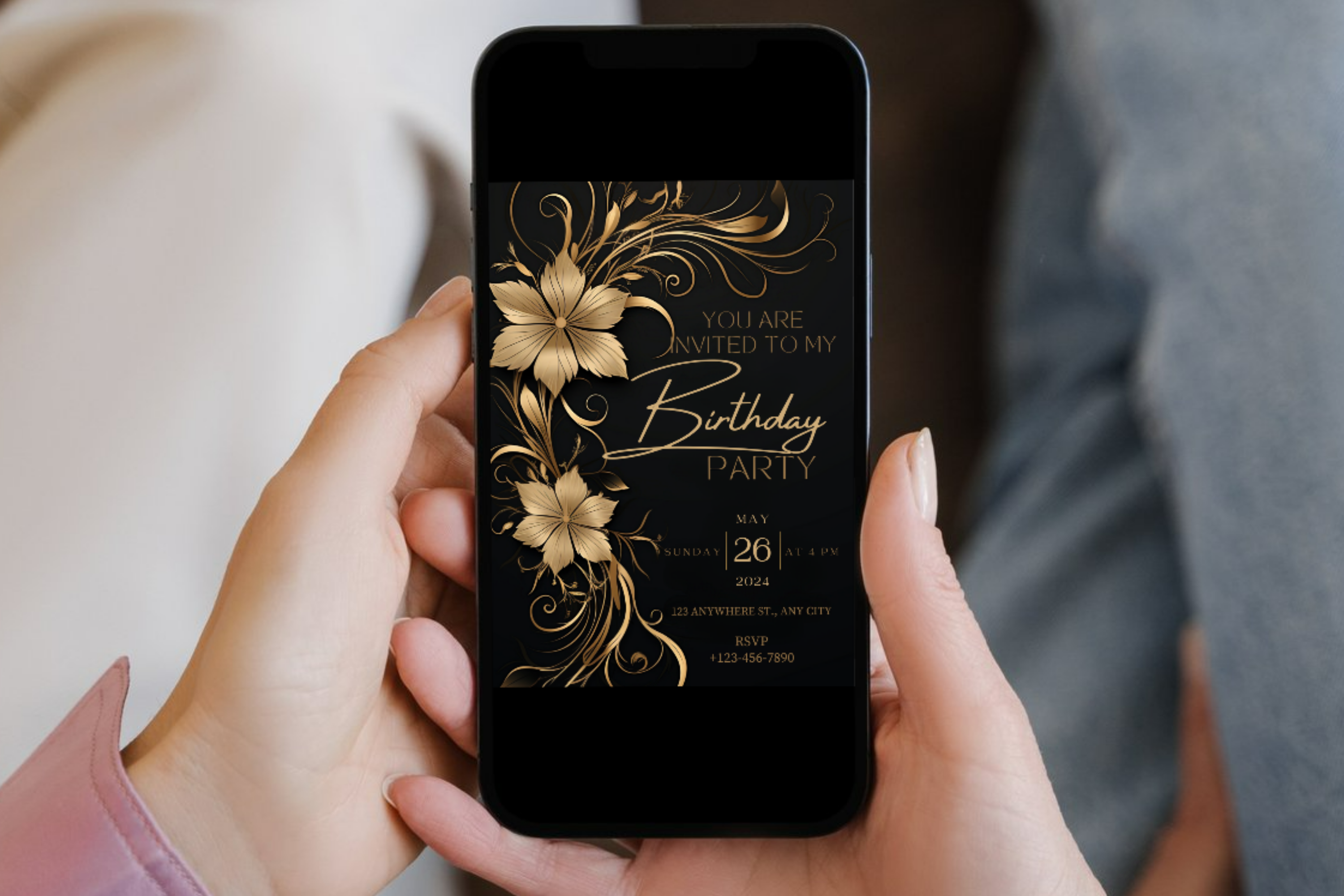 Black and Gold Flower Birthday Party Invitation | Canva Template | Print at Home Invitation | Design #182