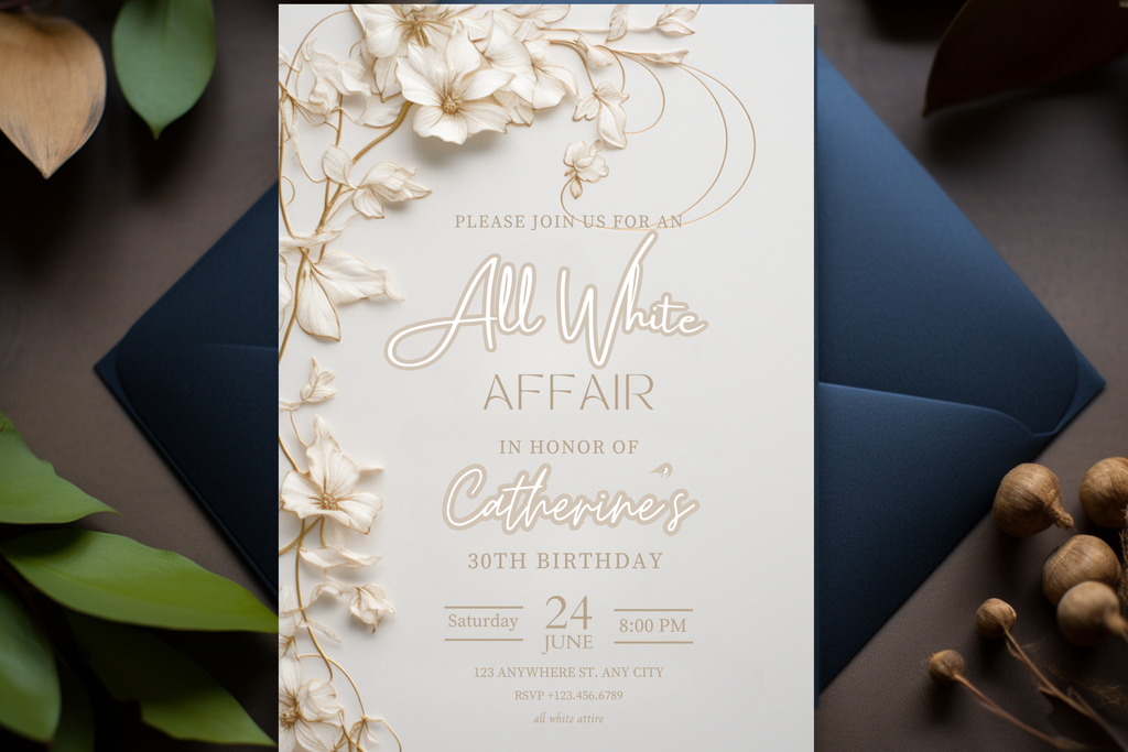 Invitation Fête Tout en Blanc | Invitation Anniversaire Fleurs Crèmes et Blanches | Modèle Canva | Invitation à Imprimer à la Maison | Design #150