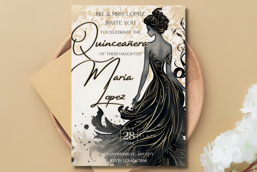 Black and Gold Quinceañera Invitation | Gold Woman Birthday Party Invite | Canva Template | Print at Home Invitation | Design #160