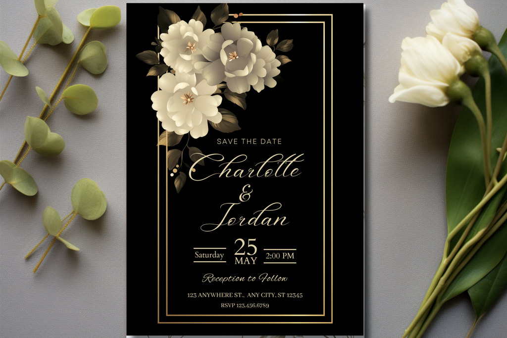 Black and White Flower Wedding Save the Date Invitation | Black and Gold Invitation | Canva Template | Print at Home Invitation | Design #131