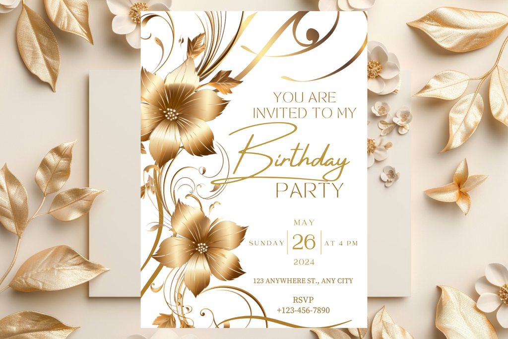 Einladung zur Geburtstagsfeier mit weißen und goldenen Blumen | Canva-Vorlage | Zu Hause ausdrucken | Design #181