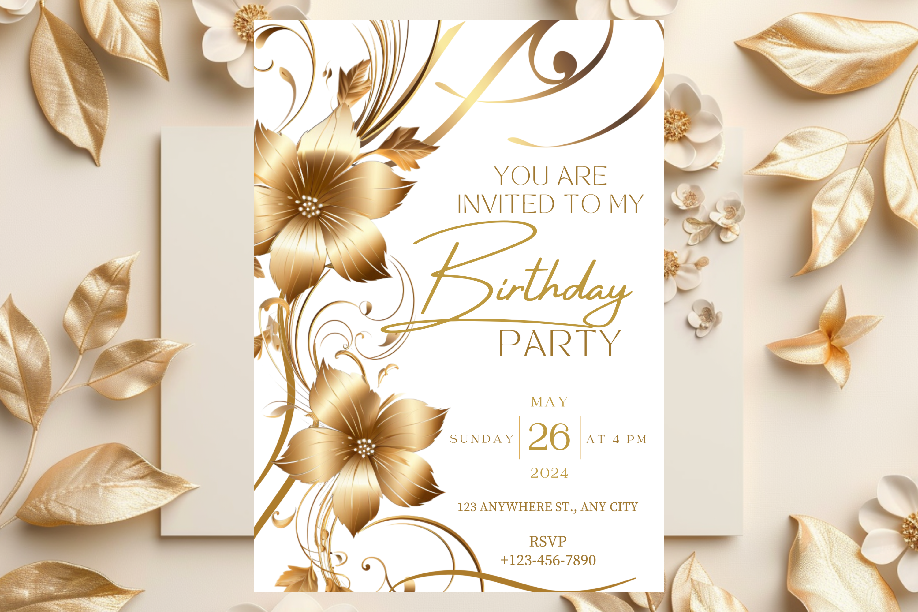 White and Gold Flower Birthday Party Invitation | Canva Template | Print at Home Invitation | Design #181