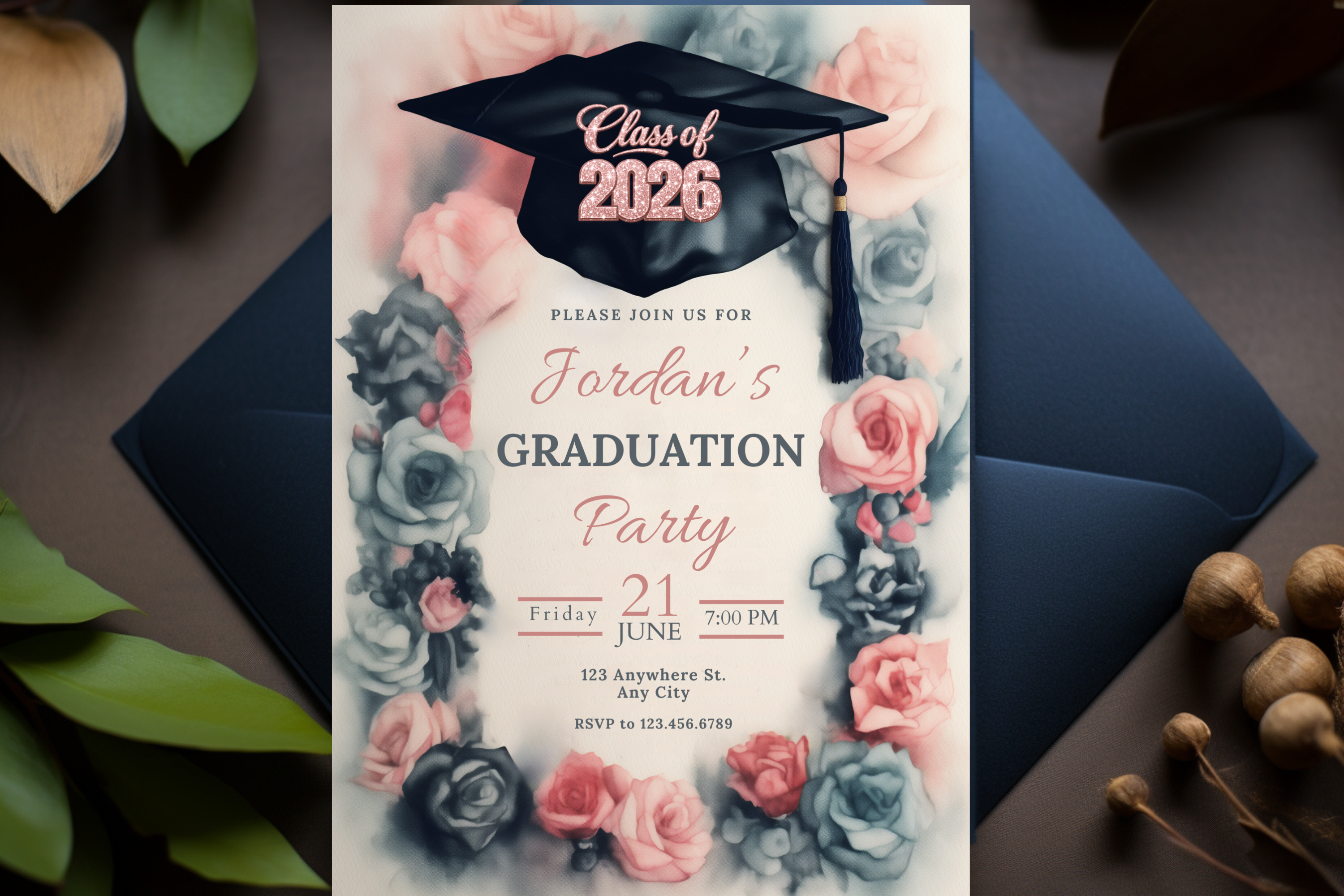 Pink and Blue Flower Graduation Party Invitation | Canva Template | Print at Home Invitation | Design #116