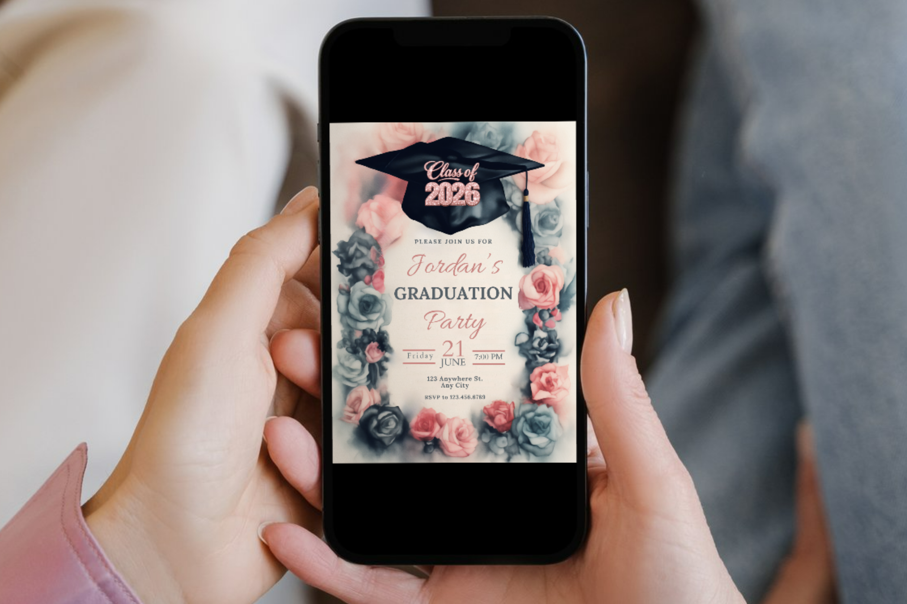Pink and Blue Flower Graduation Party Invitation | Canva Template | Print at Home Invitation | Design #116