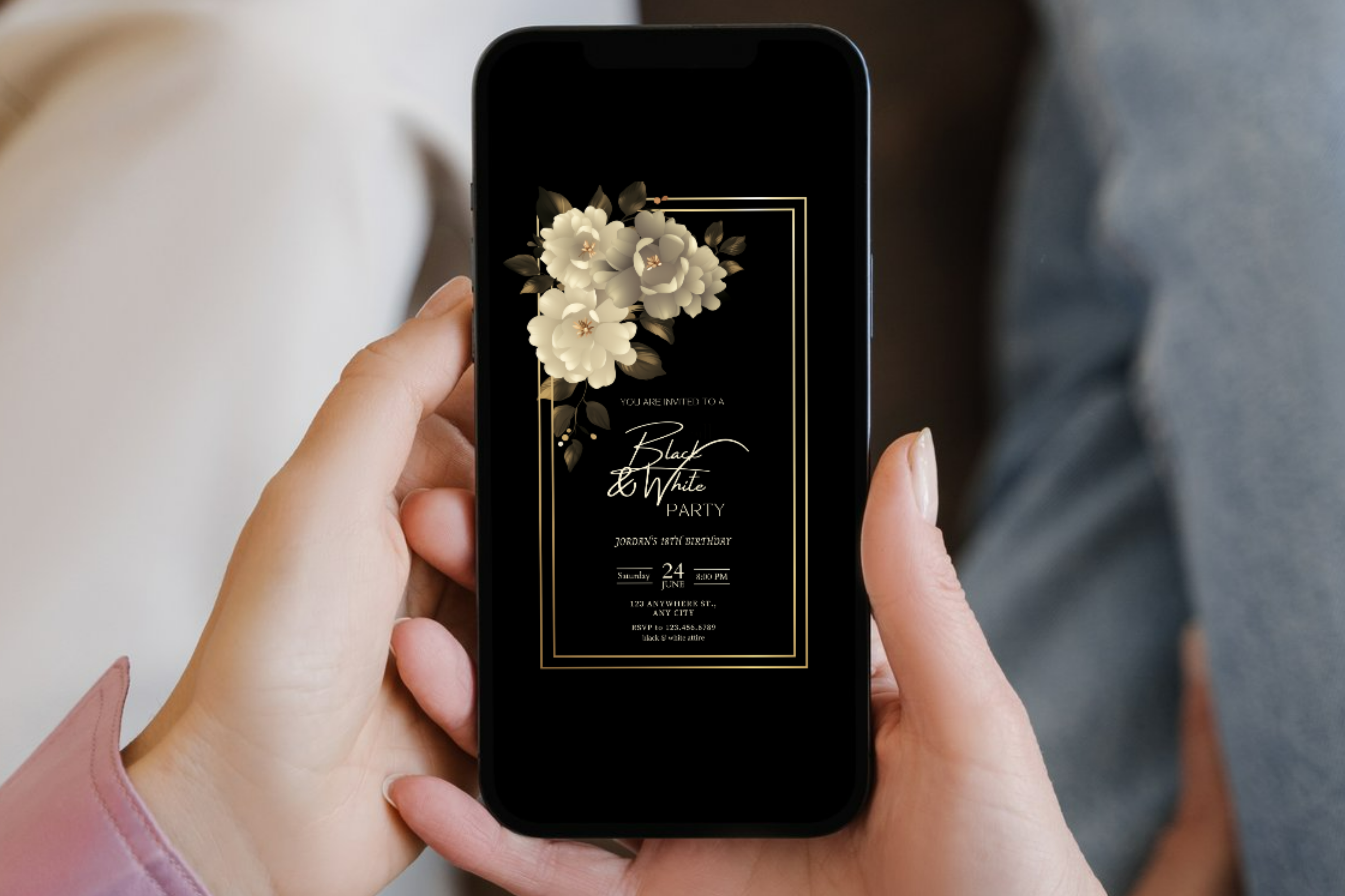 Invitation d'anniversaire Soirée Noire et Blanche | Invitation Fleur Noire et Blanche | Modèle Canva | Invitation à imprimer chez soi | Design #146