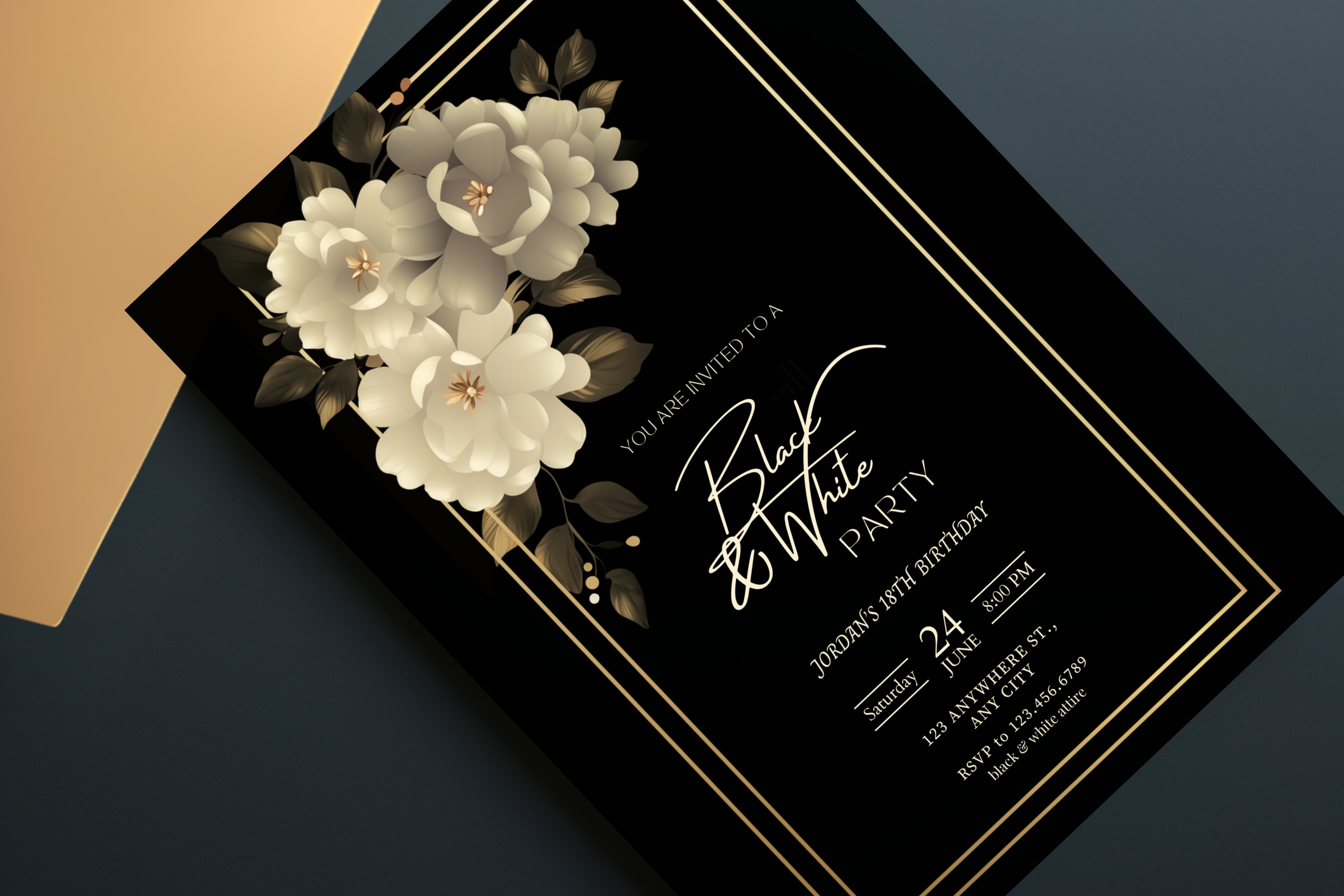 Invitation d'anniversaire Soirée Noire et Blanche | Invitation Fleur Noire et Blanche | Modèle Canva | Invitation à imprimer chez soi | Design #146