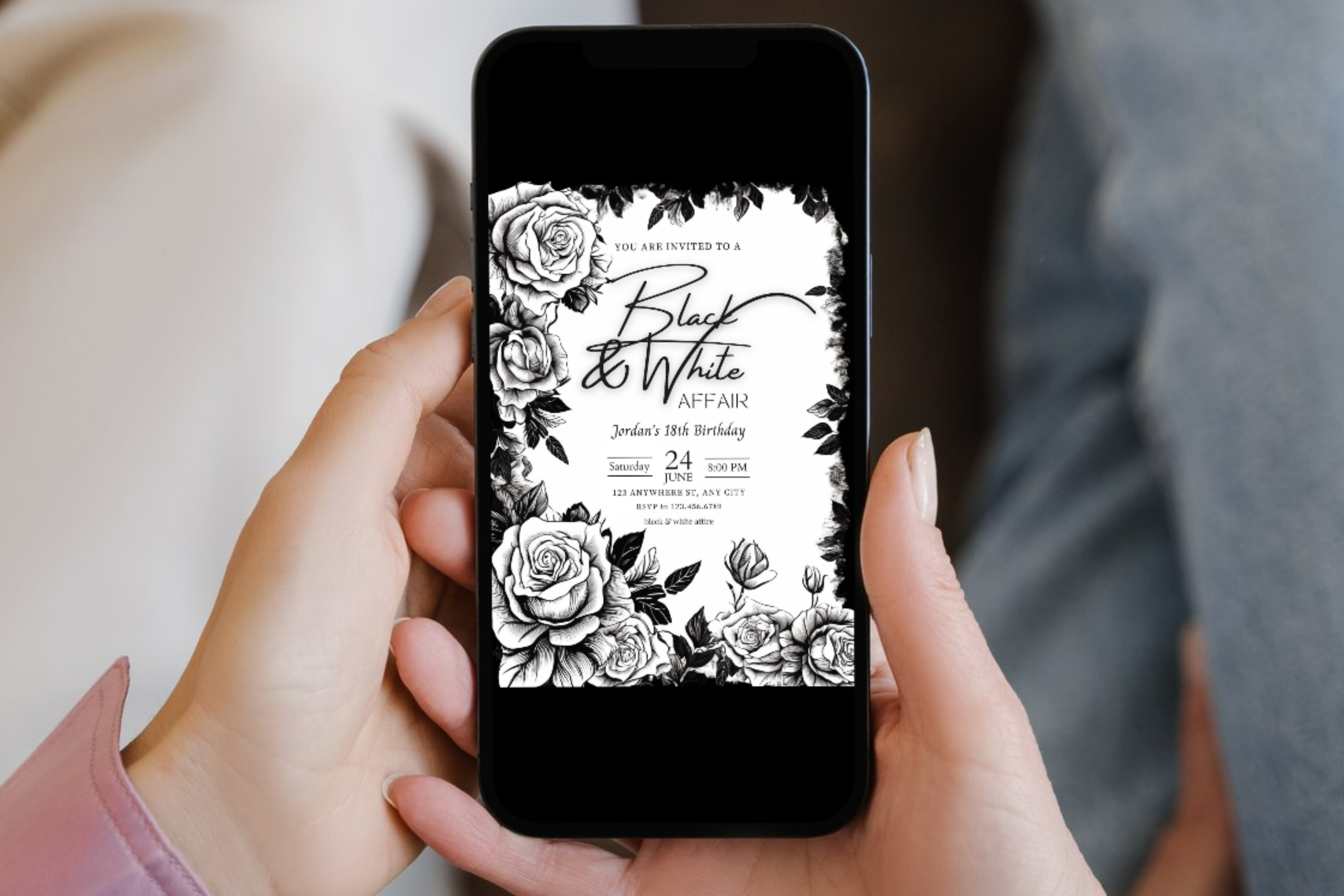 Invitation à un anniversaire en noir et blanc | Invitation florale noir et blanc | Modèle Canva | Invitation à imprimer chez soi | Design #147