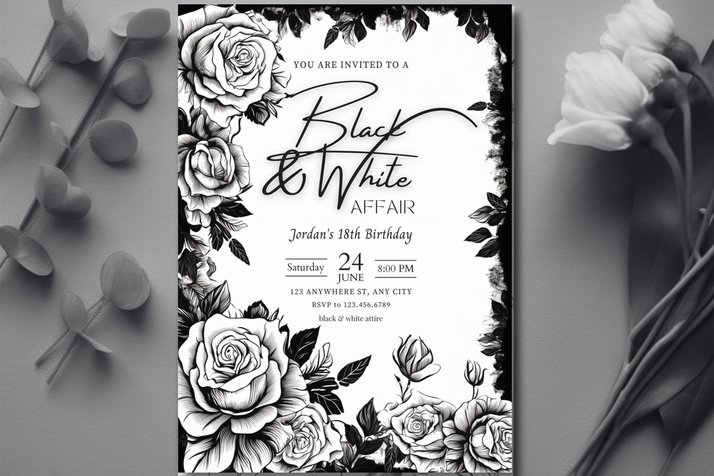 Black and White Affair Birthday Party Invitation | Black and White Flower Invite | Canva Template | Print at Home Invitation | Design #147