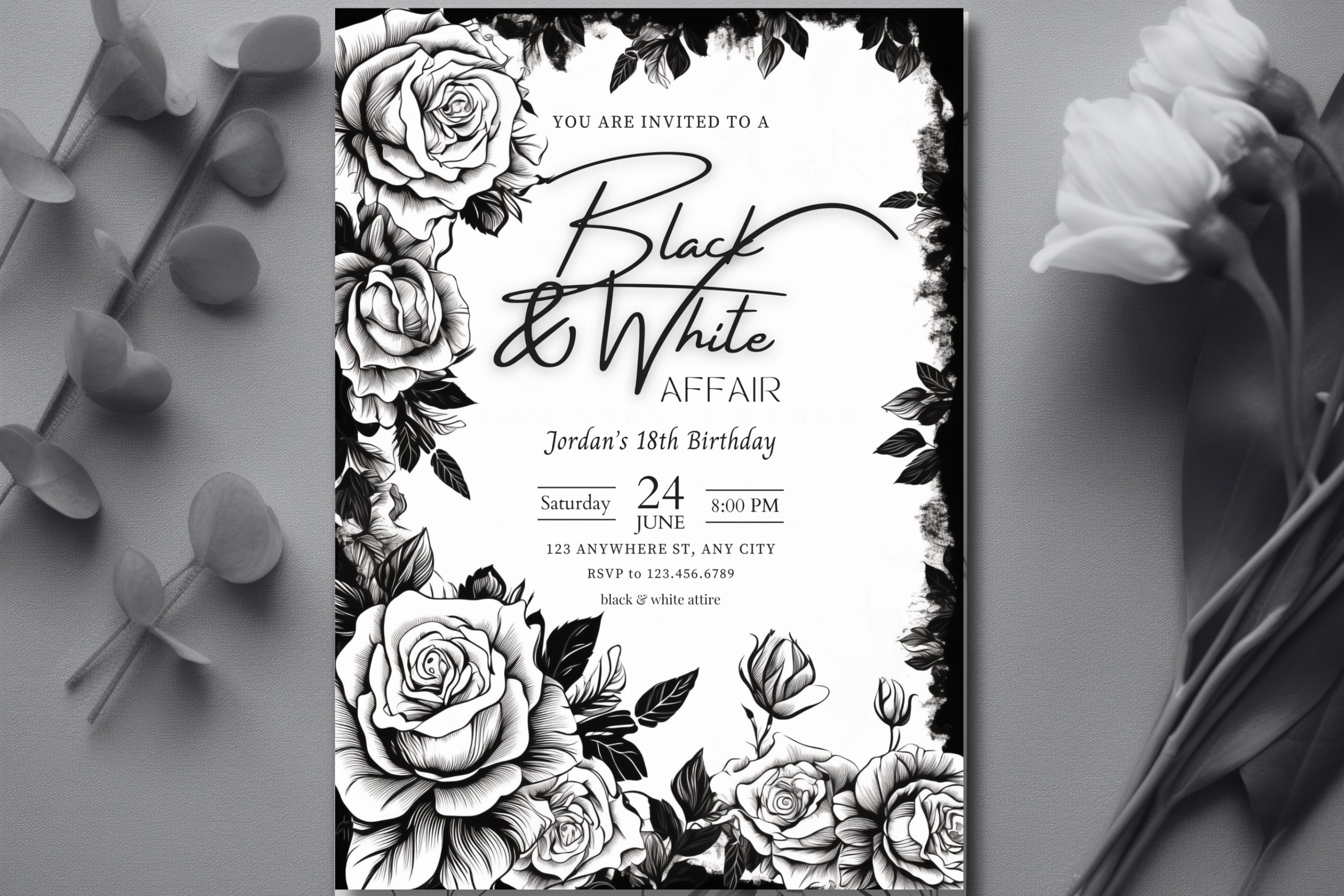 Invitation à un anniversaire en noir et blanc | Invitation florale noir et blanc | Modèle Canva | Invitation à imprimer chez soi | Design #147