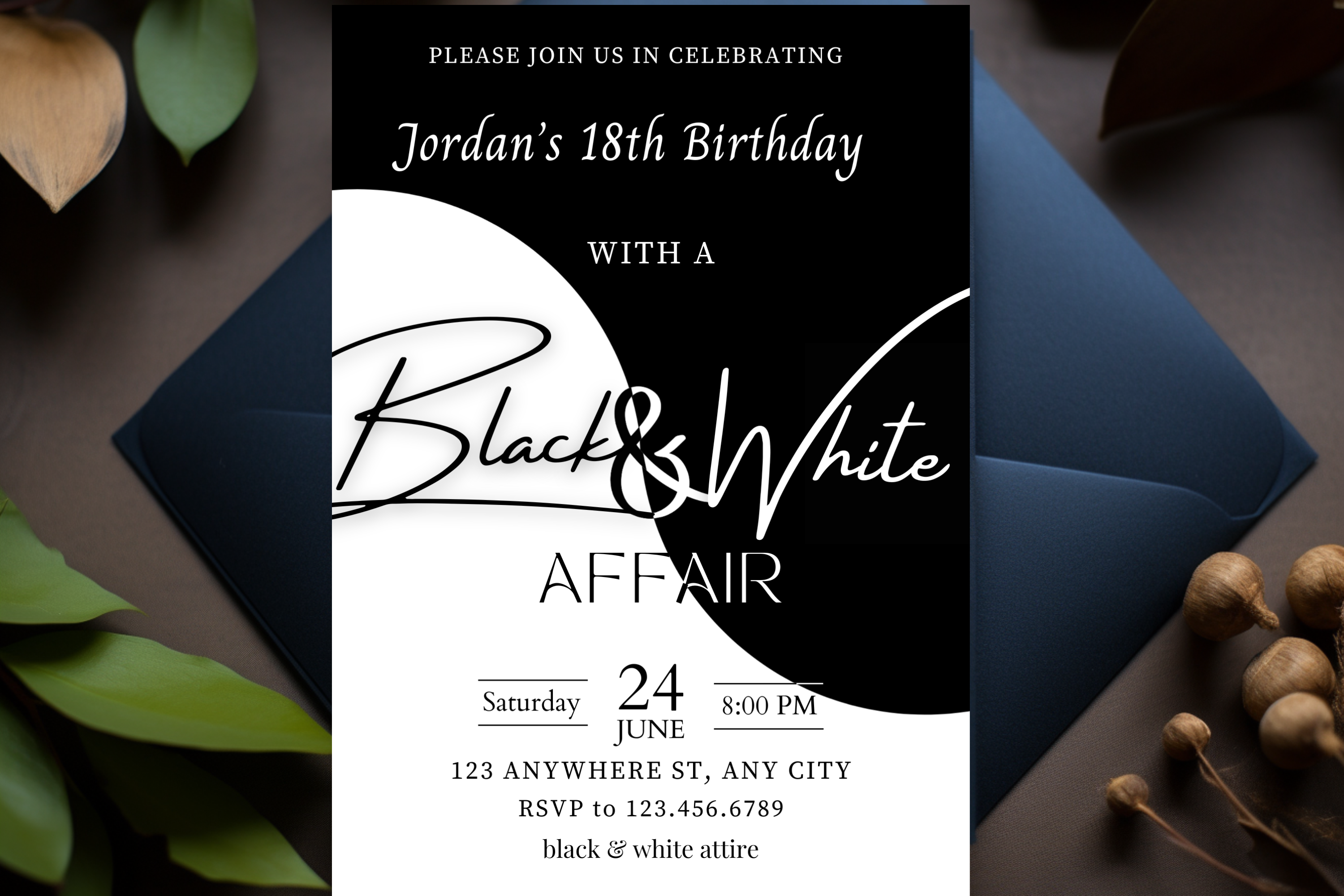 Invitation à une fête d'anniversaire Noir et Blanc | Invitation Yin Yang Noir et Blanc | Modèle Canva | Invitation à imprimer chez soi | Design #149