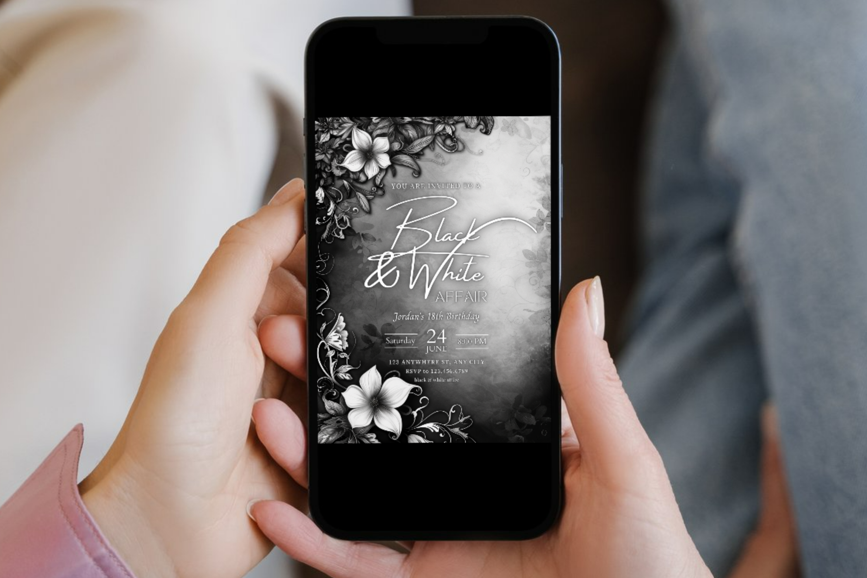 Invitation Anniversaire Soirée Noire et Blanche | Invitation Fleur Noire et Blanche | Modèle Canva | Invitation à Imprimer Chez Soi | Design #148