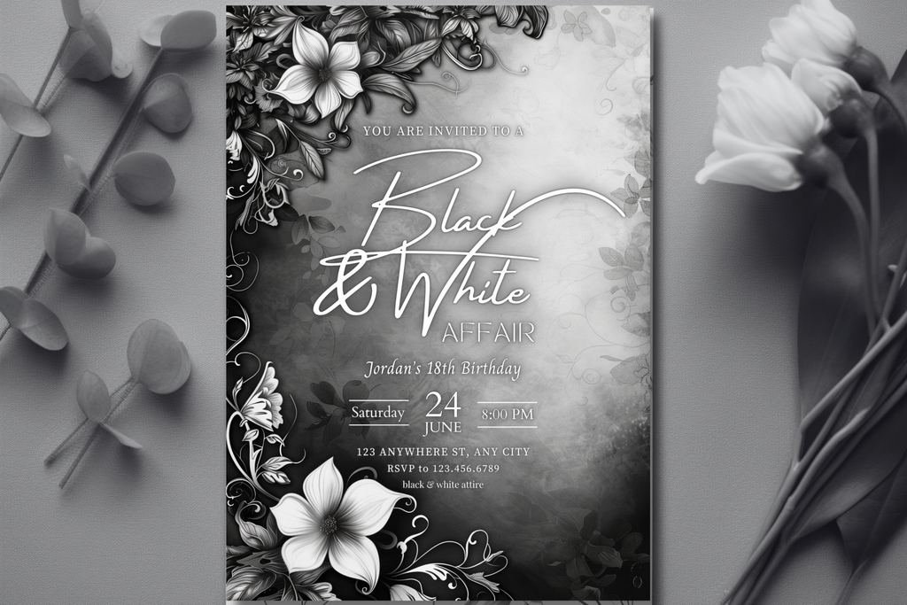 Black and White Affair Birthday Party Invitation | Black and White Flower Invite | Canva Template | Print at Home Invitation | Design #148