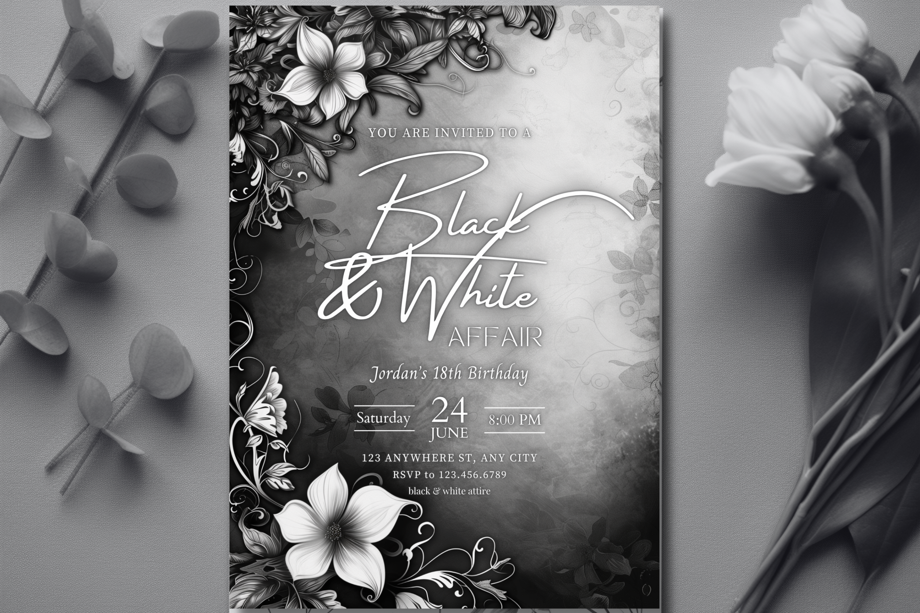 Invitation Anniversaire Soirée Noire et Blanche | Invitation Fleur Noire et Blanche | Modèle Canva | Invitation à Imprimer Chez Soi | Design #148