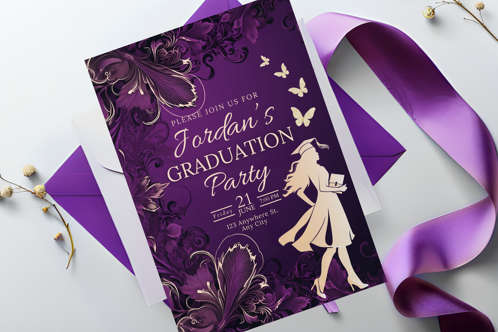 Purple and Gold Flower Graduation Party Invitation | Canva Template | Print at Home Invitation | Design #180