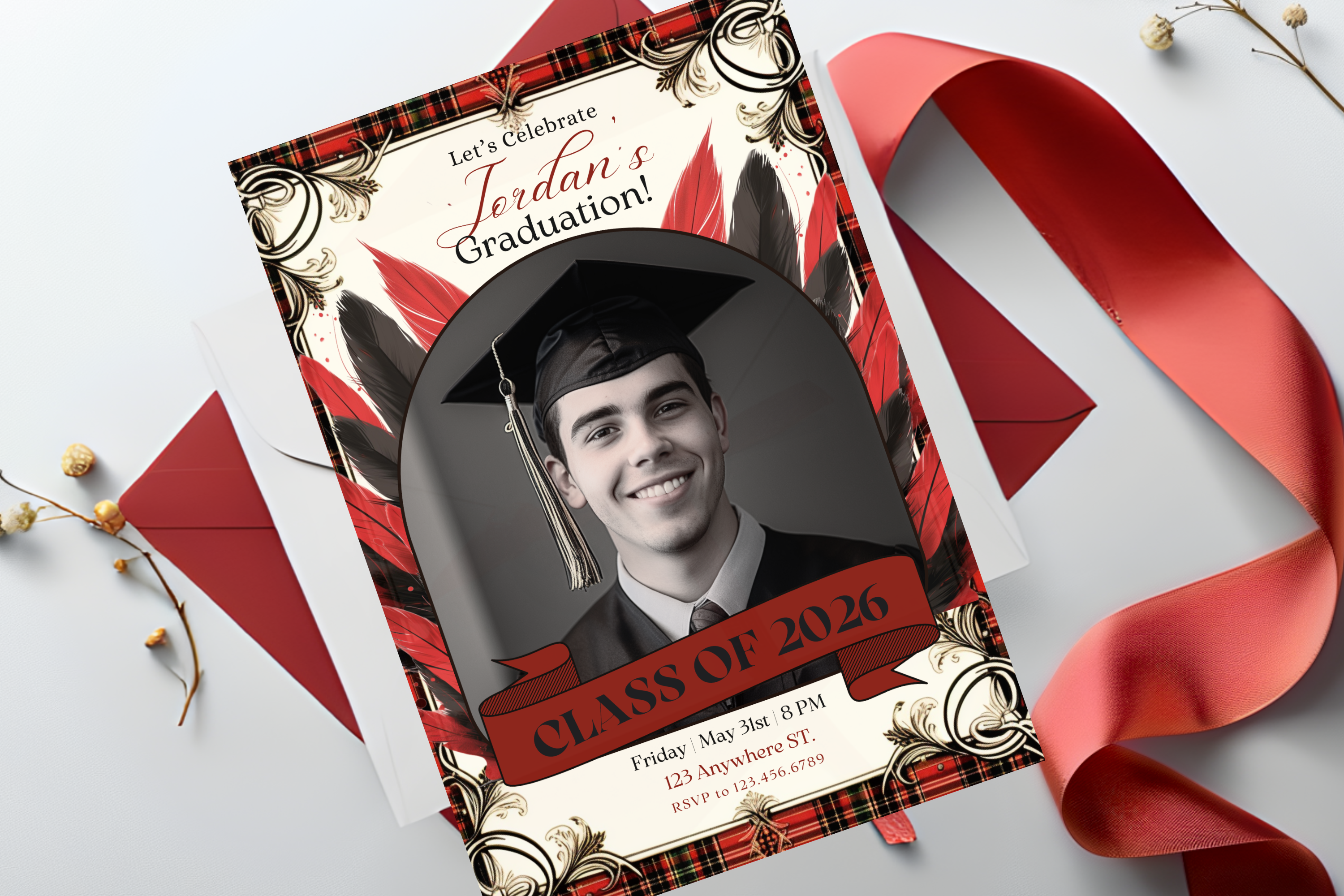 Photo of the Graduate | Red and Black Graduation Party Invitation | Canva Template | Print at Home Invitation | Design #126