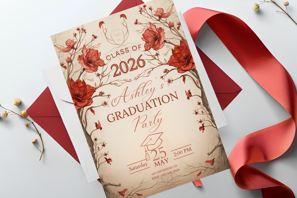 Invitation de remise de diplôme à fleurs beiges et rouges | Modèle Canva | Invitation à imprimer soi-même | Modèle n°122