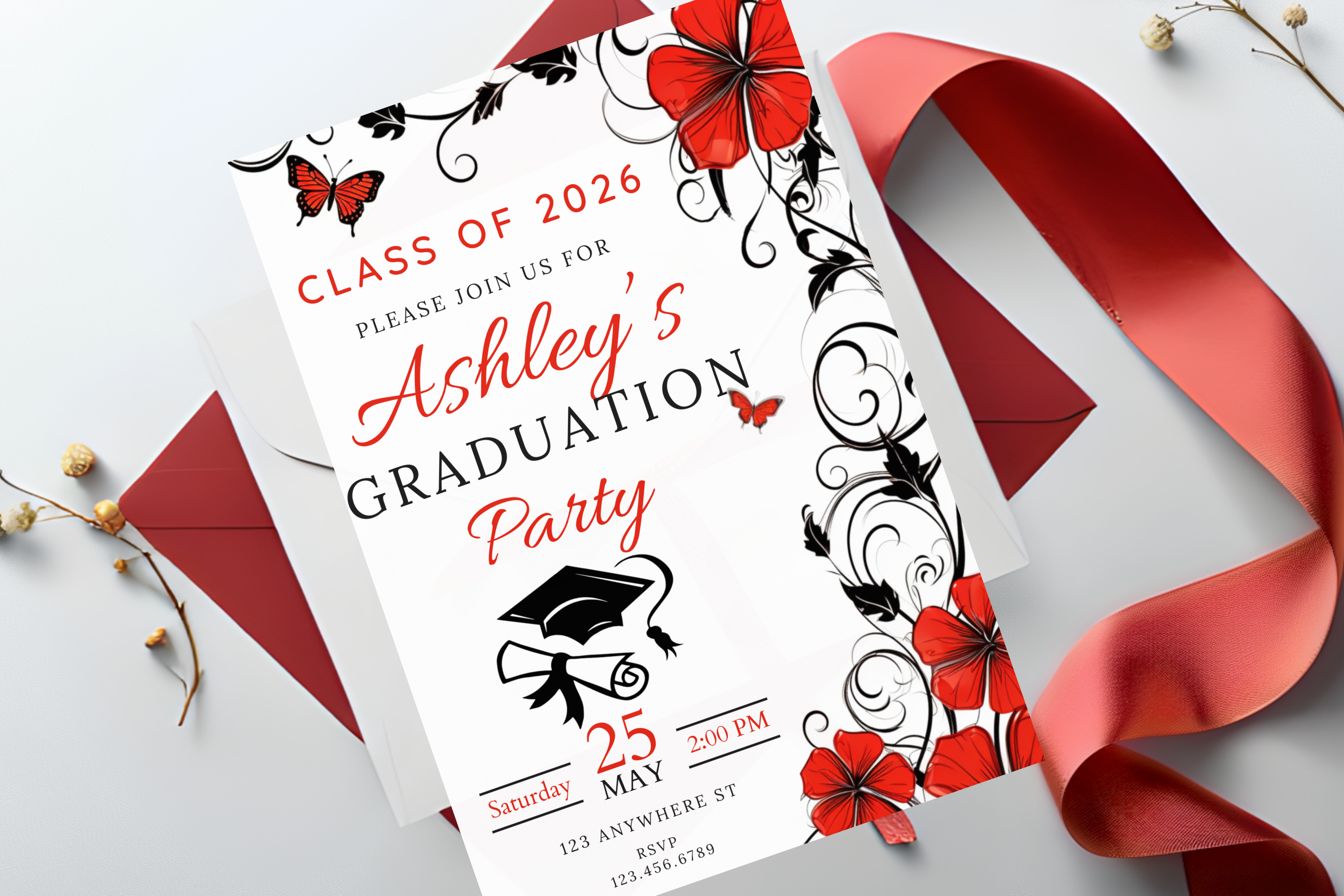 Invitation de remise des diplômes à fleurs noires et rouges | Modèle Canva | Invitation à imprimer à la maison | Design #123