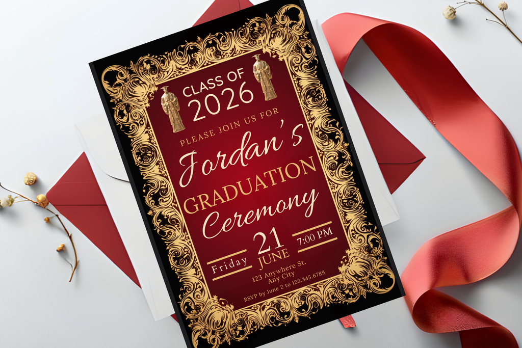 Red and Gold Graduation Party Invitation | Canva Template | Print at Home Invitation | Design #117