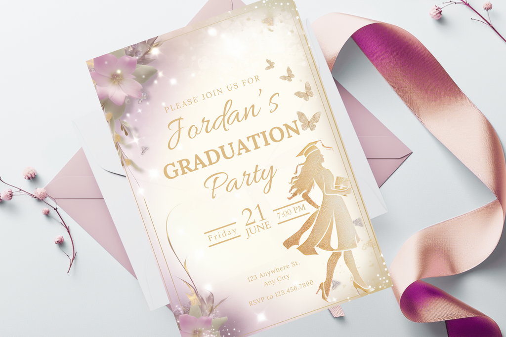 Purple and Gold Woman Graduation Party Invitation | Canva Template | Print at Home Invitation | Design #125