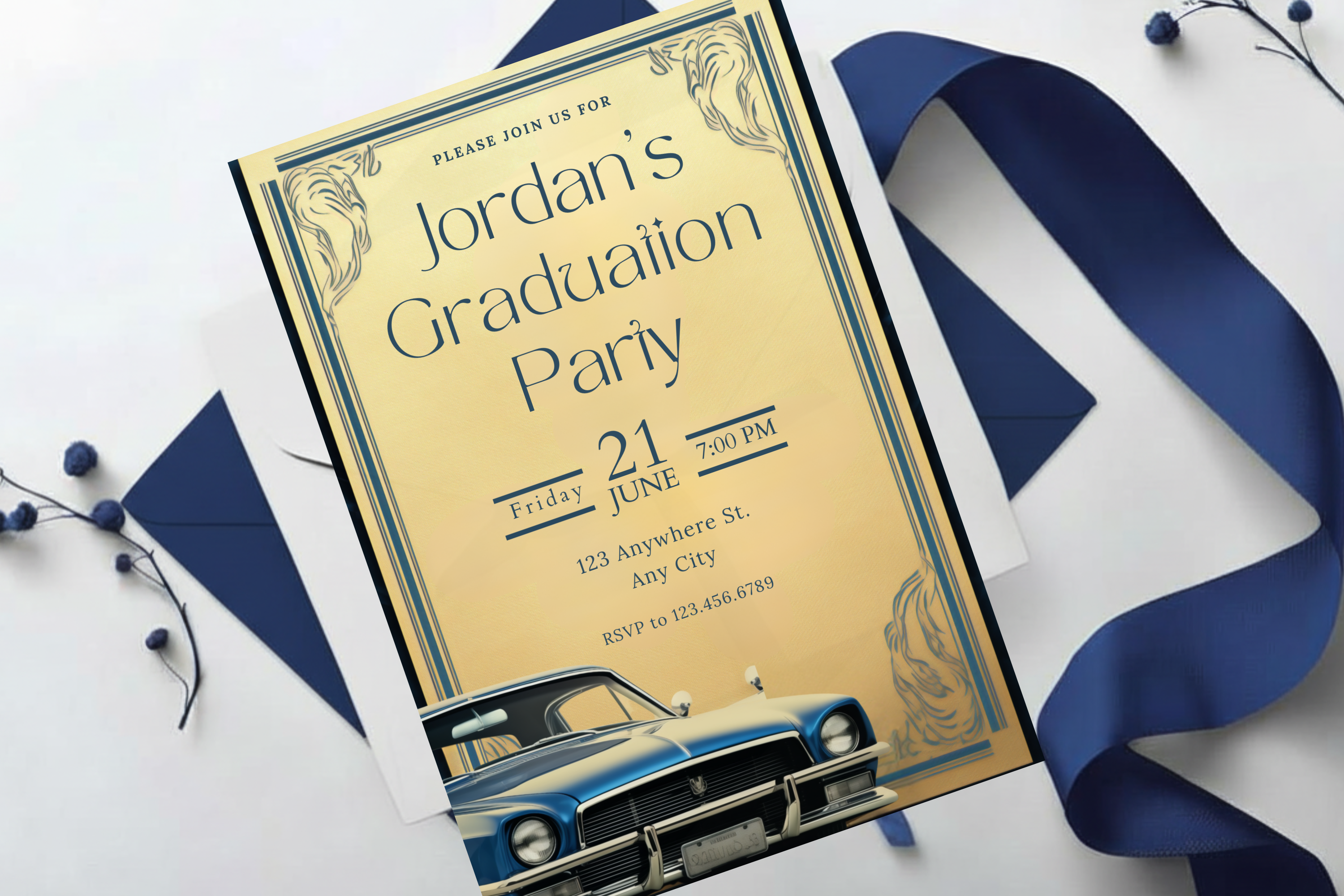 Gold and Blue Car Graduation Party Invitation | Canva Template | Print at Home Invitation | Design #119