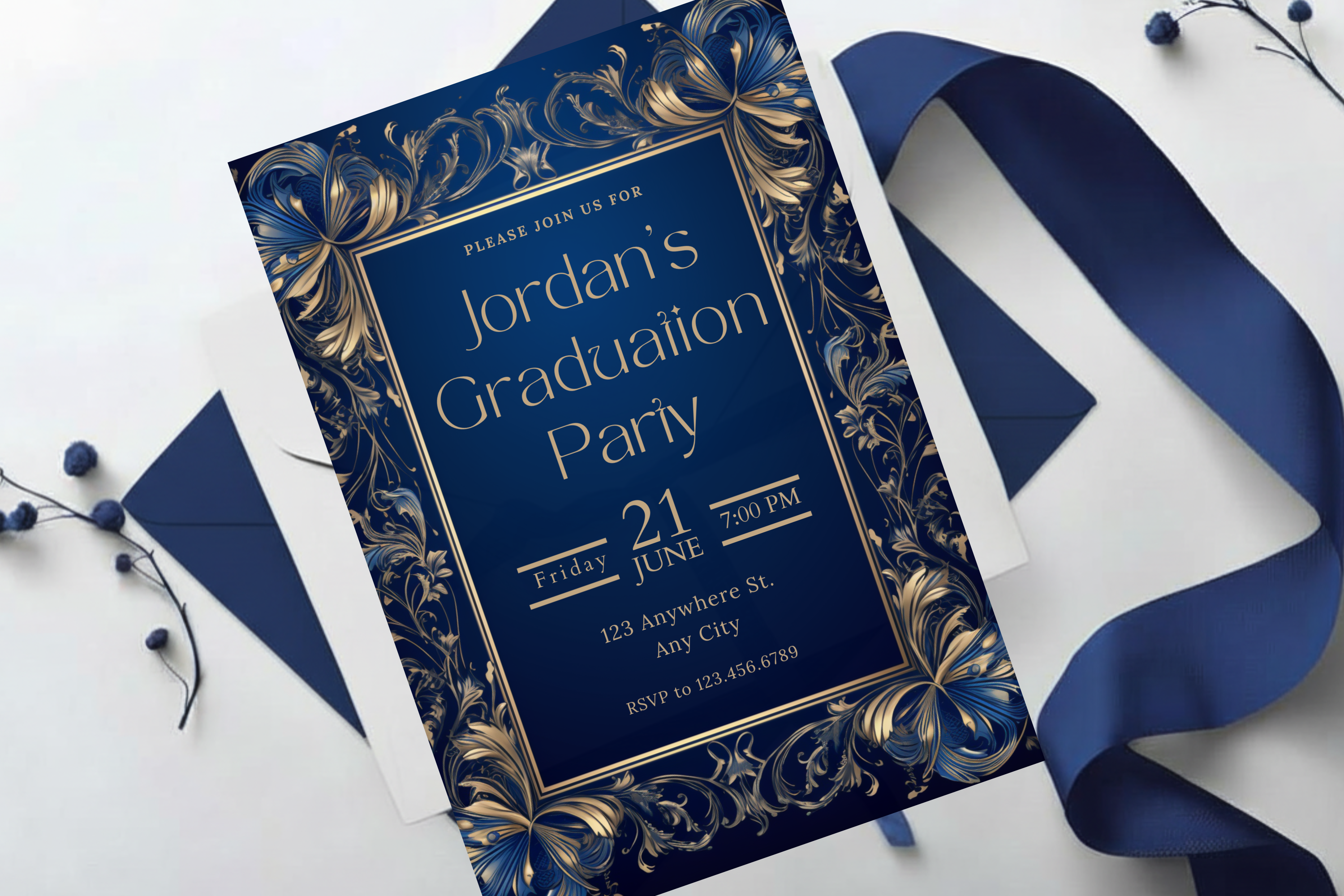 Invitation à une fête de remise des diplômes bleue et dorée | Modèle Canva | Invitation à imprimer à la maison | Design #118