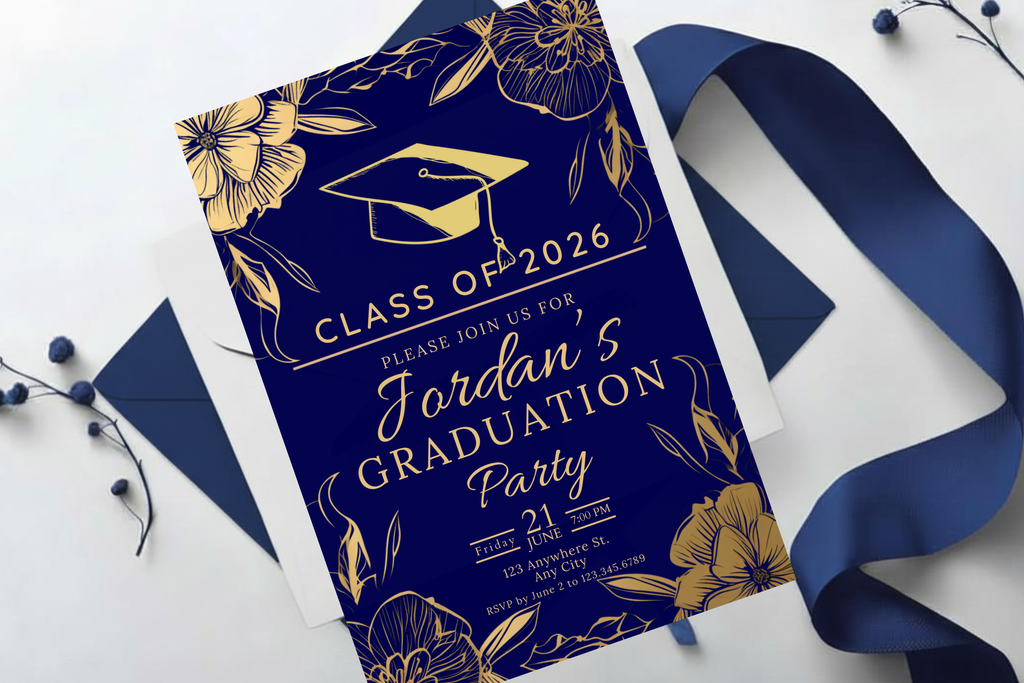 Dark Blue and Gold Flower Graduation Party Invitation | Canva Template | Print at Home Invitation | Design #112