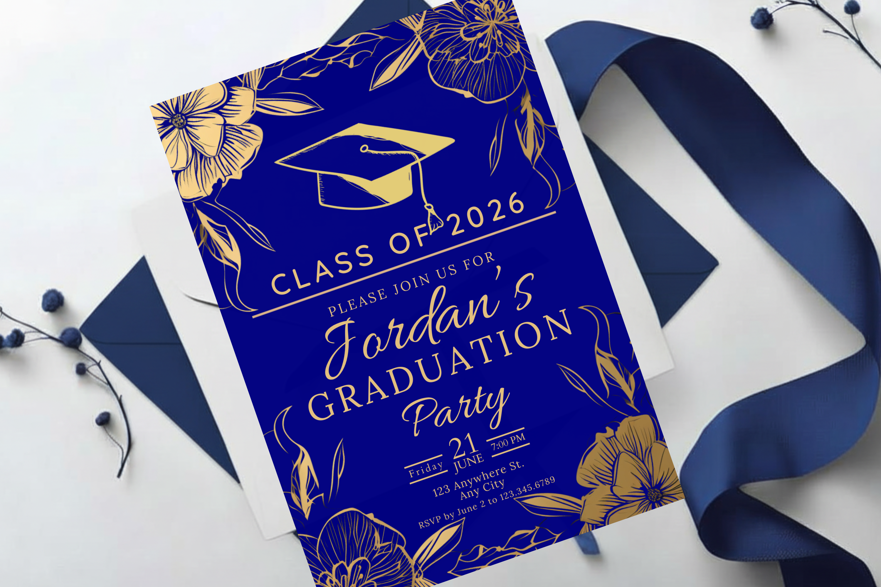 Navy Blue and Gold Flower Graduation Party Invitation | Canva Template | Print at Home Invitation | Design #111
