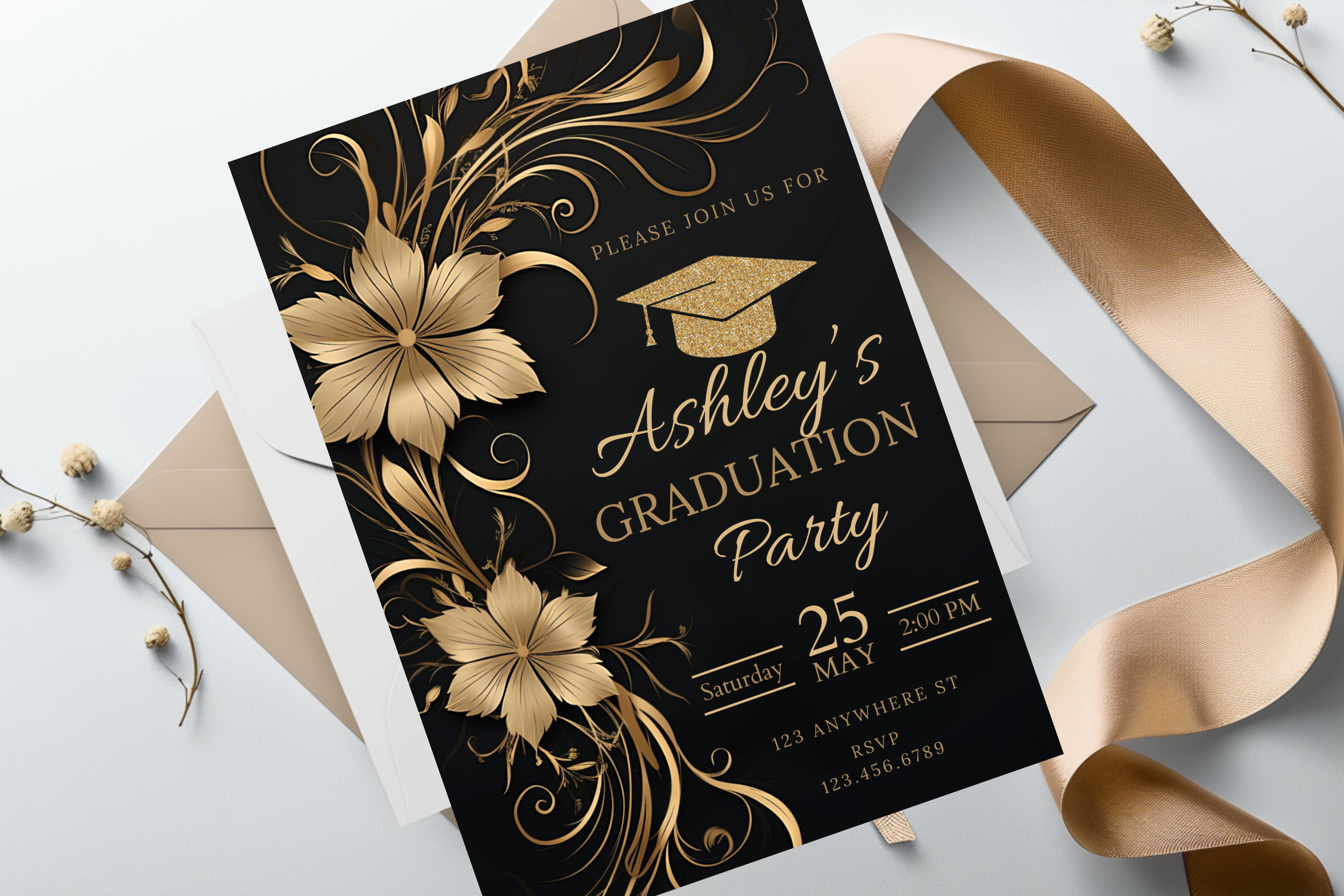 Schwarz-Goldene Blumen-Abschlussfeier-Einladung | Canva-Vorlage | Zu Hause drucken | Design #114