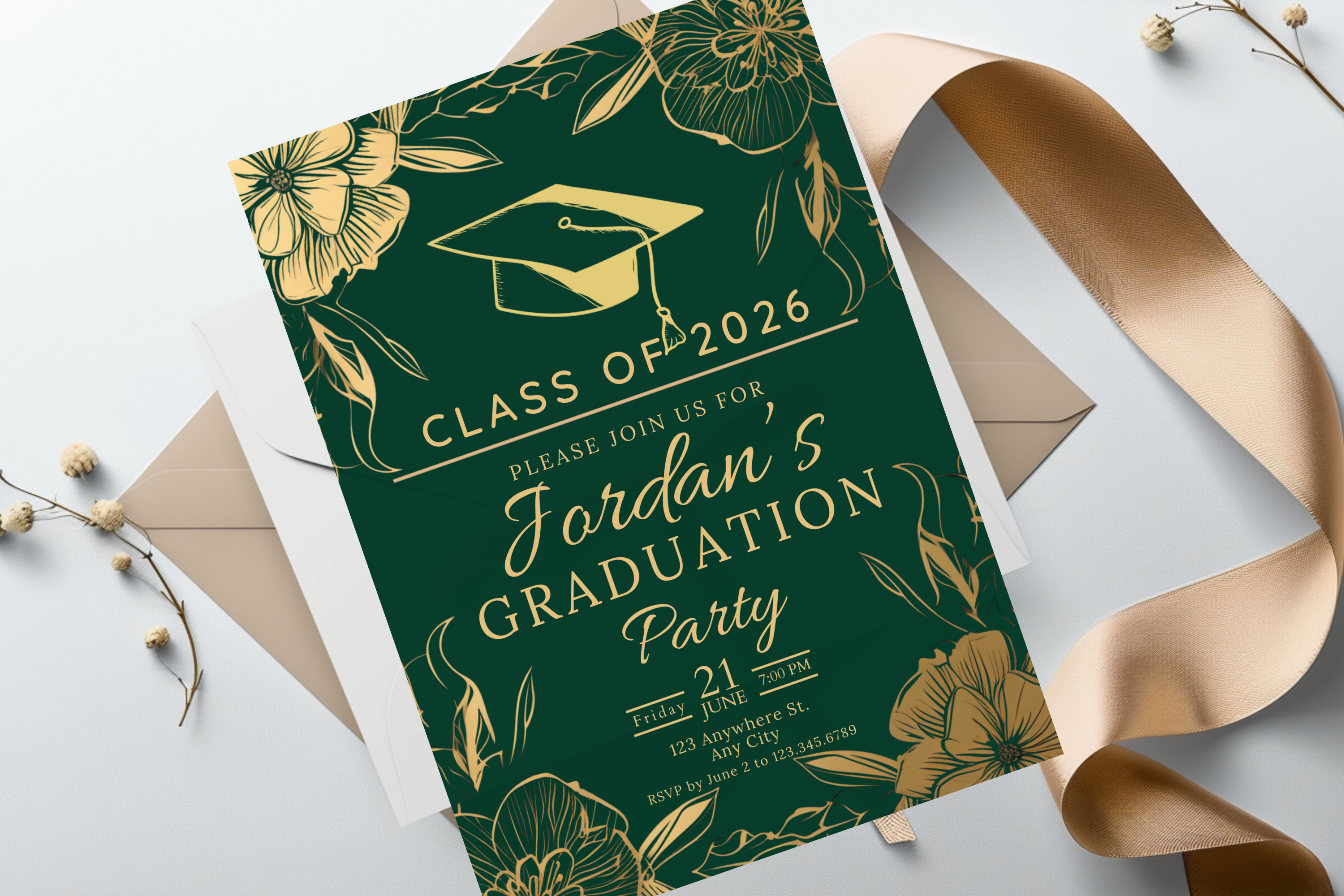 Dark Green and Gold Flower Graduation Party Invitation | Canva Template | Print at Home Invitation | Design #121