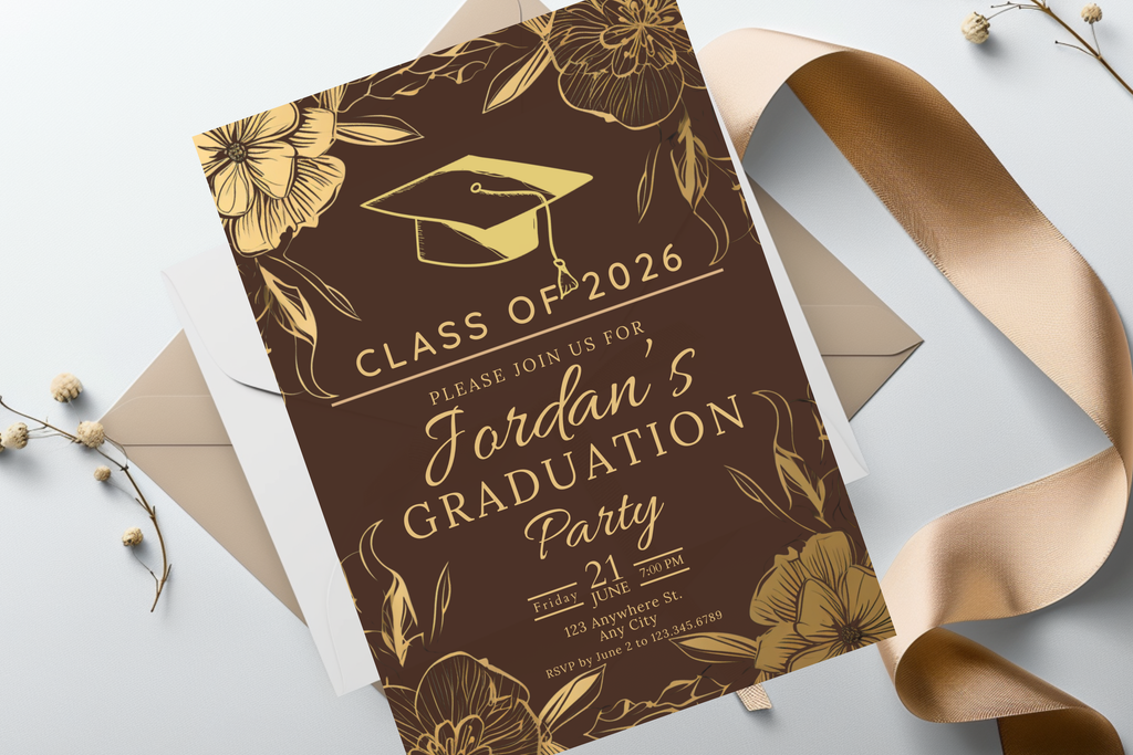 Brown and Gold Flower Graduation Party Invitation | Canva Template | Print at Home Invitation | Design #120