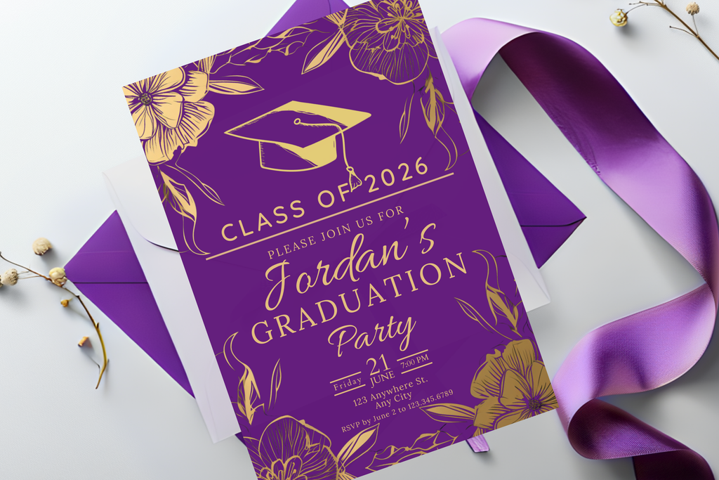 Purple and Gold Flower Graduation Party Invitation | Canva Template | Print at Home Invitation | Design #113