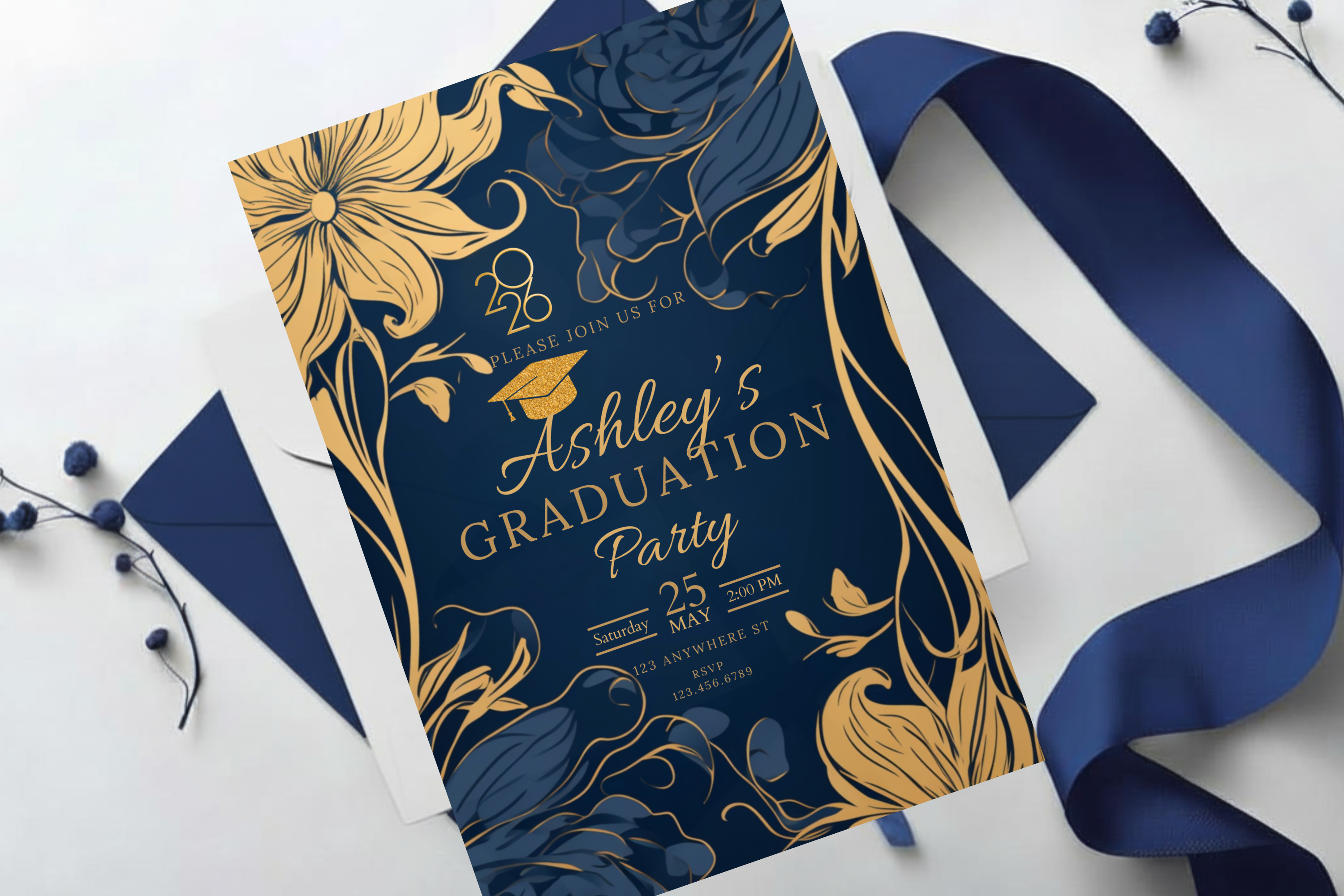 Dark Blue and Gold Flower Graduation Party Invitation | Canva Template | Print at Home Invitation | Design #115