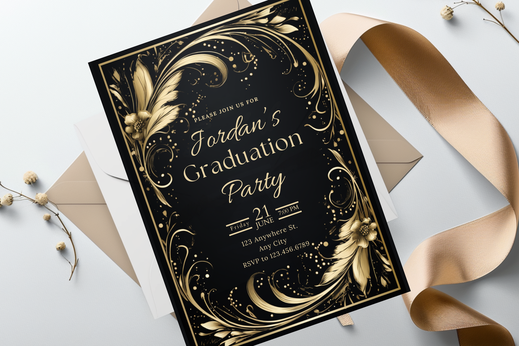 Invitation à une fête de remise des diplômes en plumes noires et dorées | Modèle Canva | Invitation à imprimer à la maison | Design #109