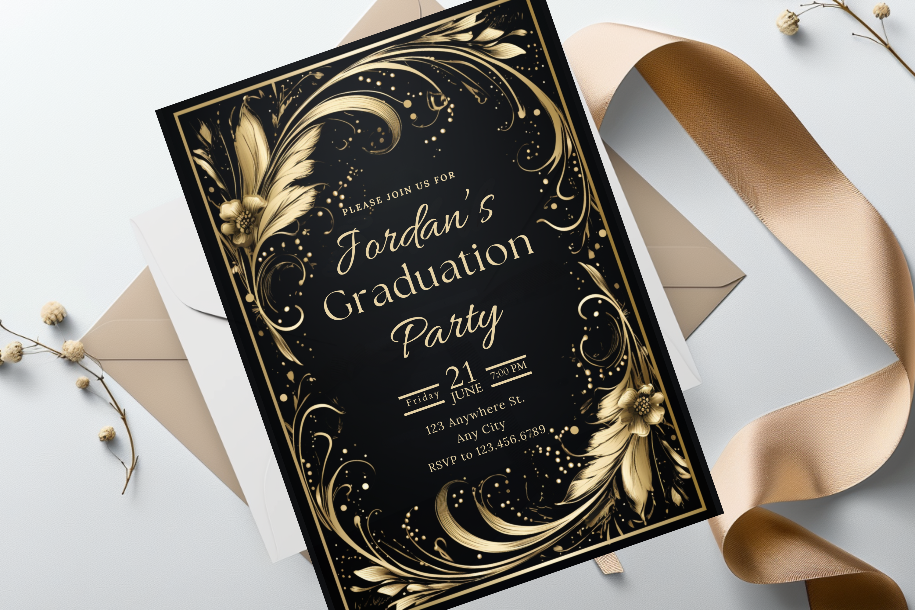 Einladung zur Abschlussfeier mit Federmotiv in Schwarz und Gold | Canva-Vorlage | Zu Hause ausdrucken | Design #109