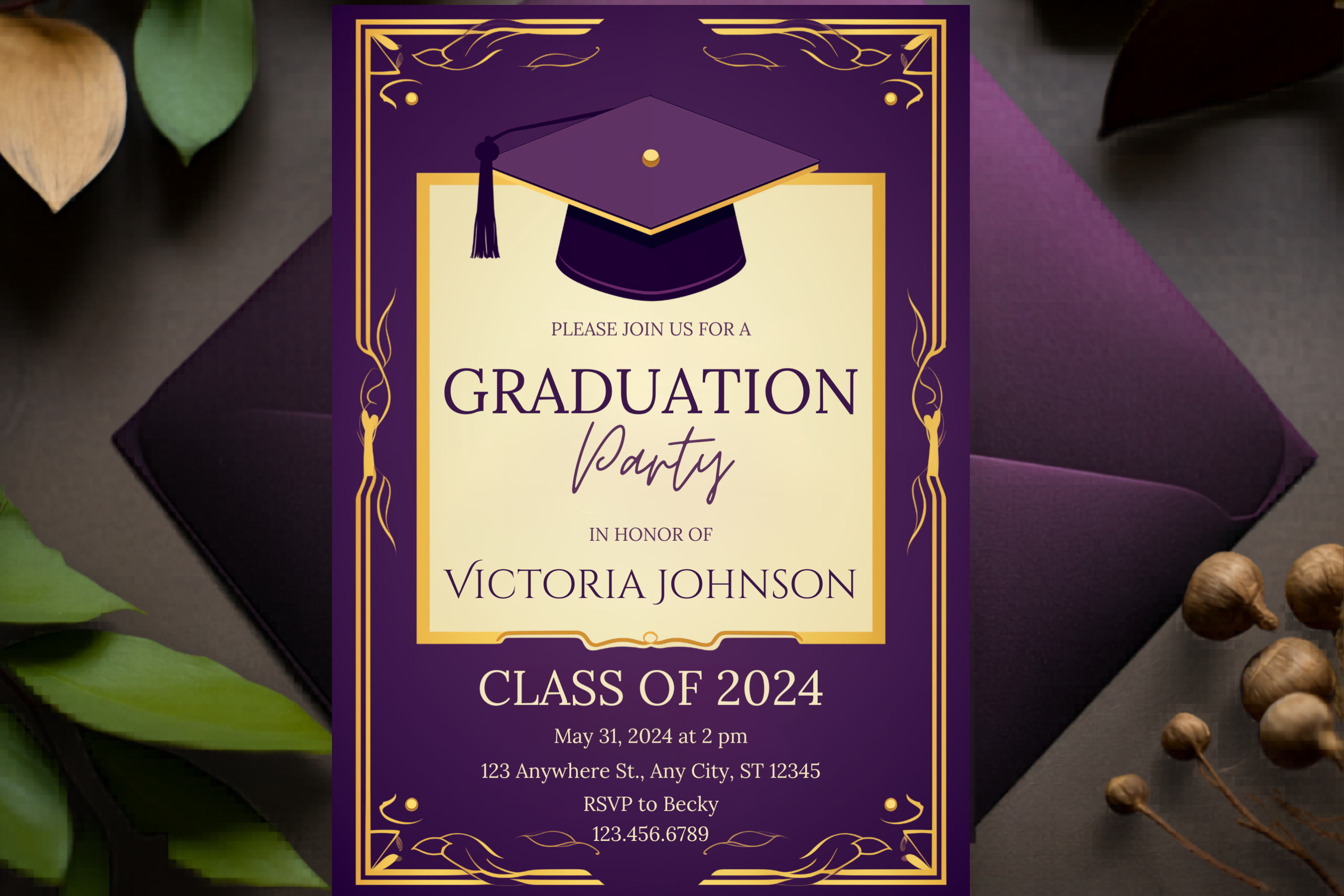 Purple and Gold Graduation Party Invitation | Canva Template | Print at Home Invitation | Design #102