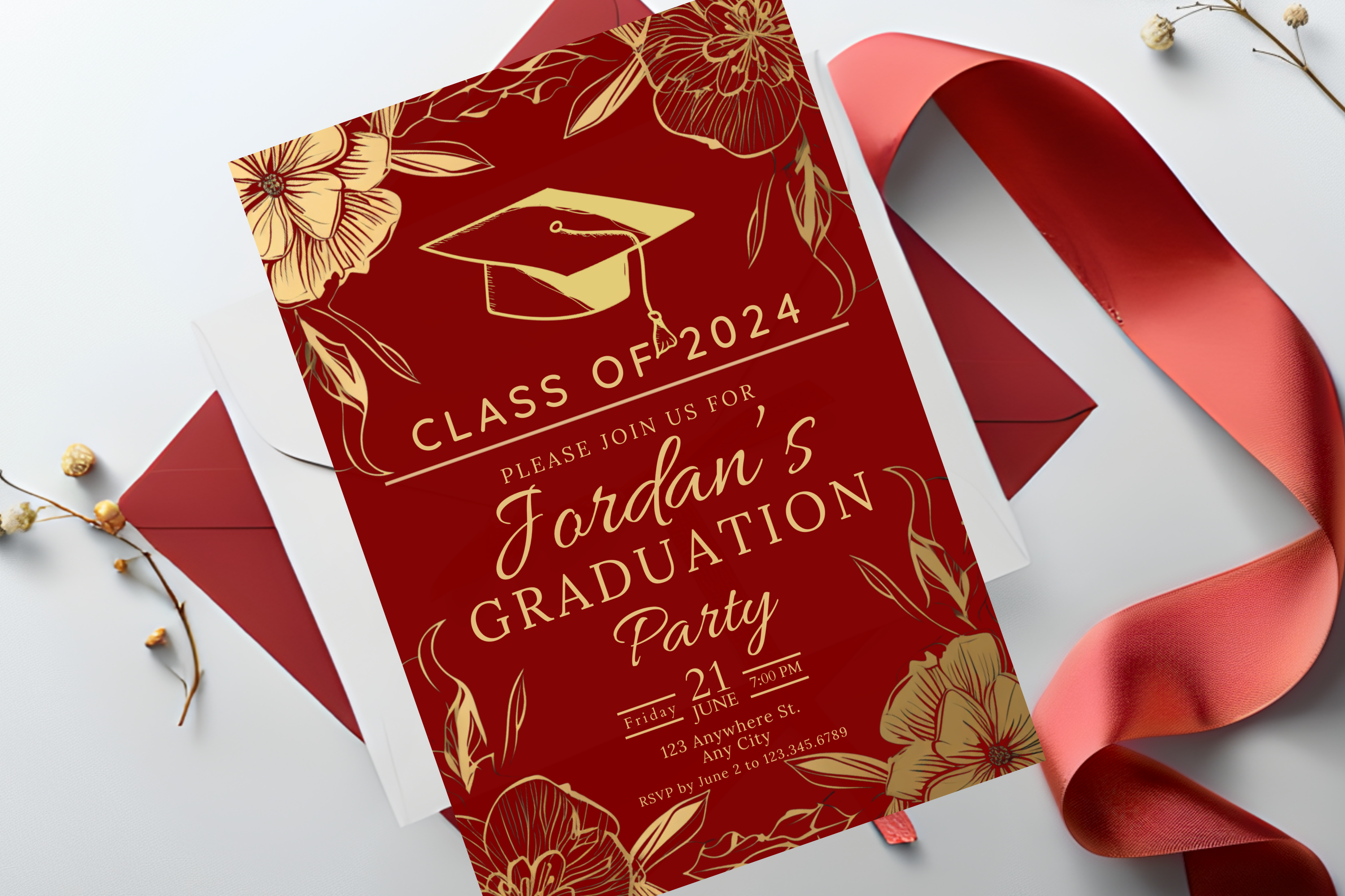 Red and Gold Flower Graduation Party Invitation | Canva Template | Print at Home Invitation | Design #110
