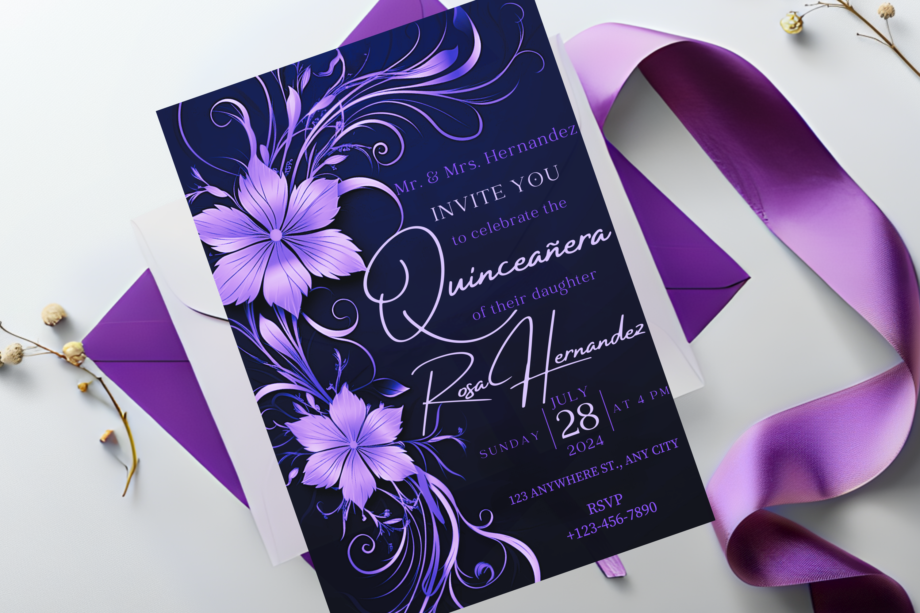 Invitation de Quinceañera Fleurs Noires et Violettes | Modèle Canva | Invitation à imprimer soi-même | Design #173
