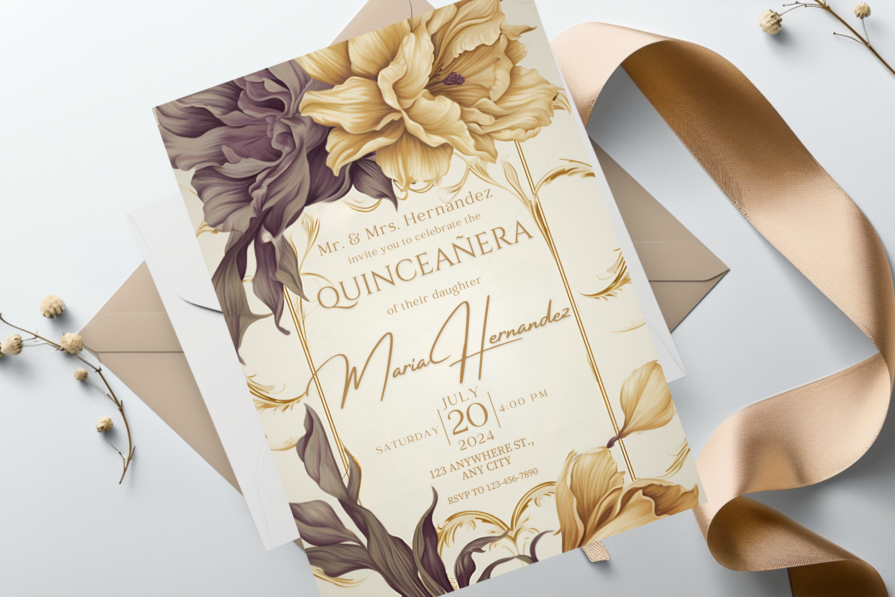 Brown and Gold Flower Quinceañera Party Invitation | Canva Template | Print at Home Invitation | Design #178