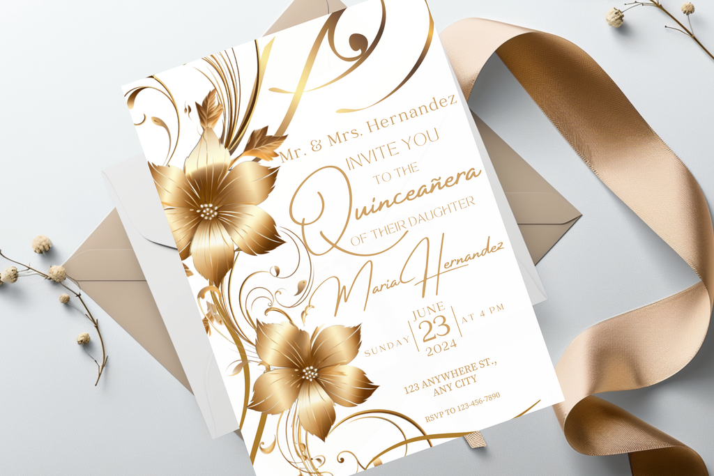 White and Gold Flower Quinceañera Party Invitation | Canva Template | Print at Home Invitation | Design #171